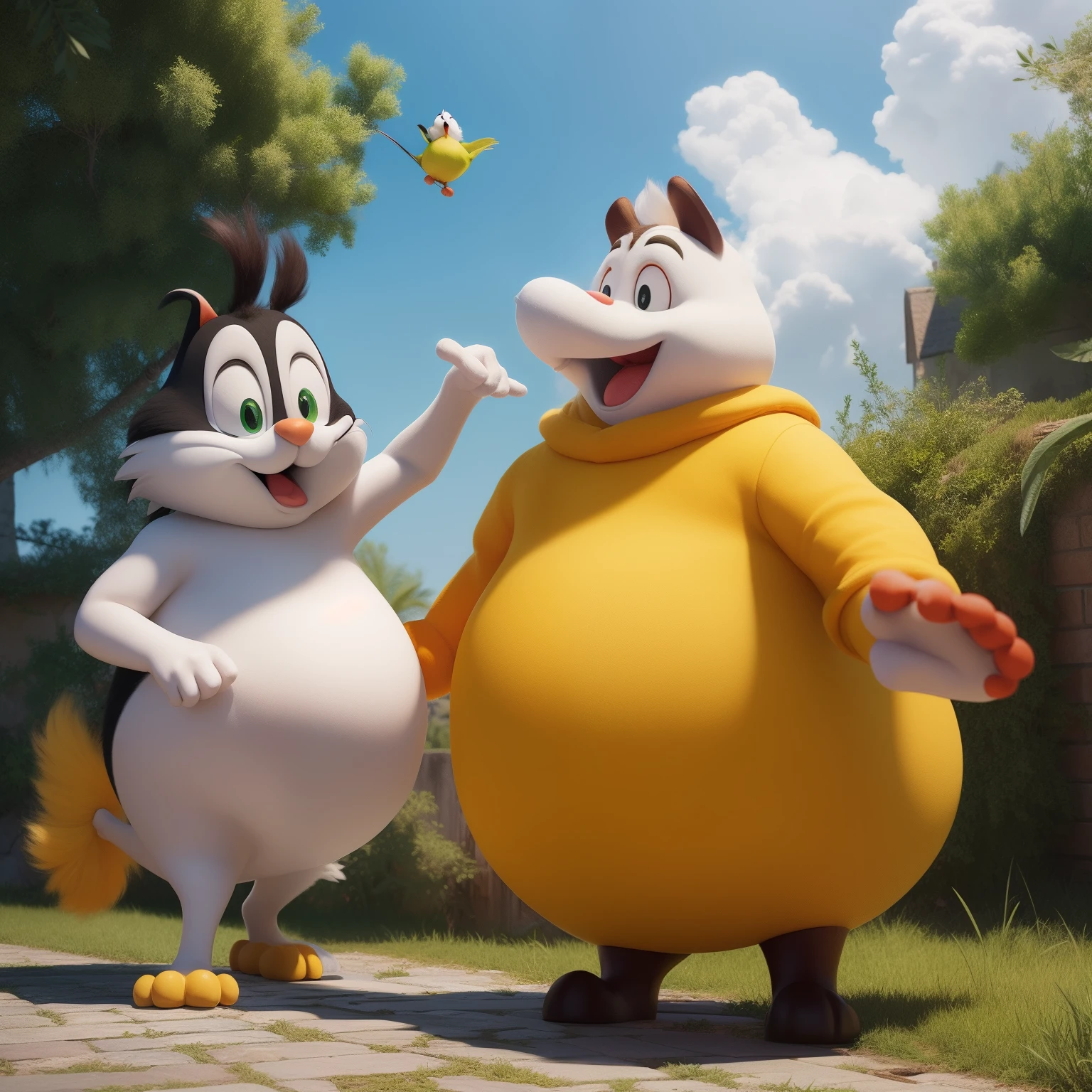 Fat Sylvester the Cat and fat tweety bird, concept art, 4k