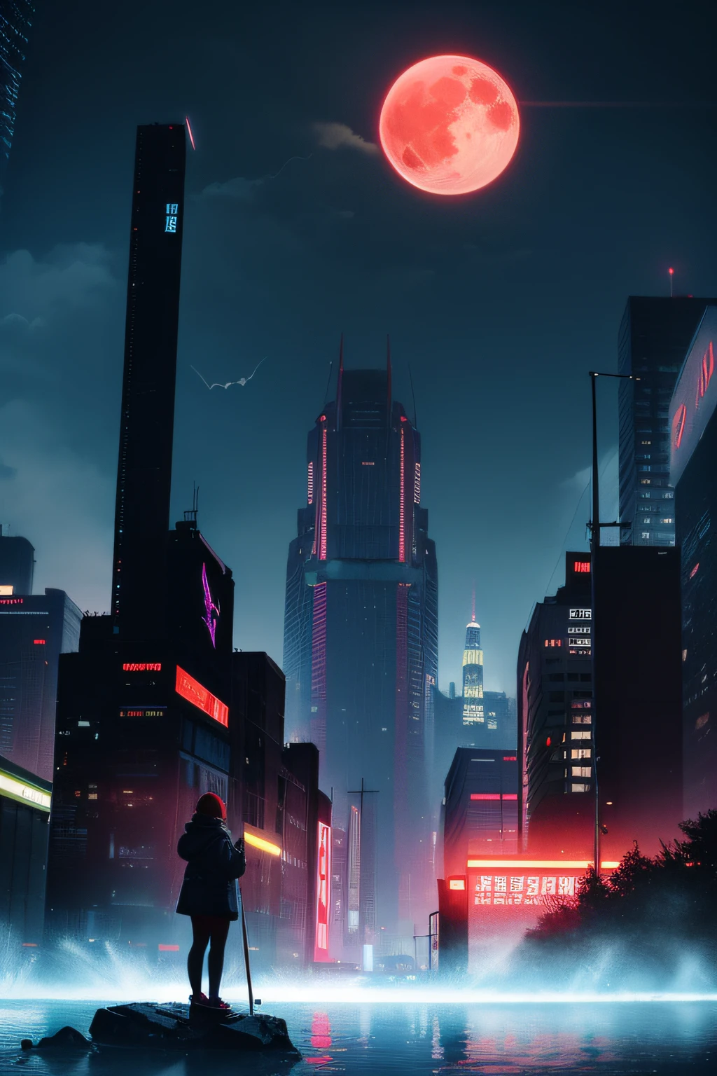 Extreme quality, nffsw,真实感 ,realism,organism, Complementary color scheme, Electric, neons, Magical,Big Red Moon,Lots of bats in the background,1 big bat,modern fine art,sideways Facing,take off,natta,ruins,Submerged cities,8k,Realistic lightning