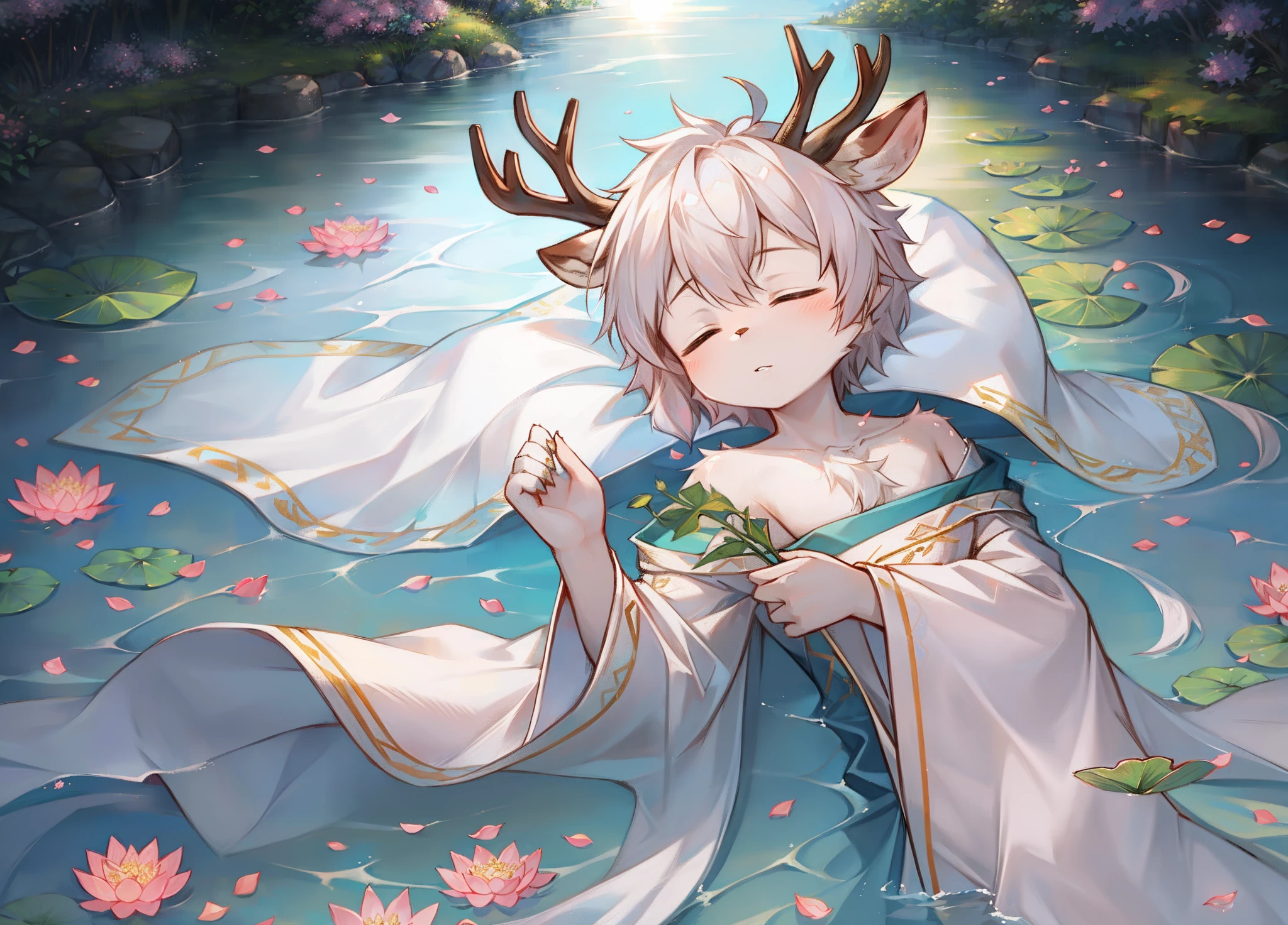 A white deer,Lotus leaf,On a huge lotus leaf,Lotus leaf,Blooming lotus flowers,Lotus in bloom,Shota,adolable,Take a lotus leaf,suns,Clear lake water,long white robe,Lotus leaves on the shoulders,solo person,Close your eyes,deer antlers,Lie in the pool,White petals,Pear blossom tree,serene,Beautiful picture,falling flower petals,flowing robe,Petals fall on the body and clothing,cropped shoulders