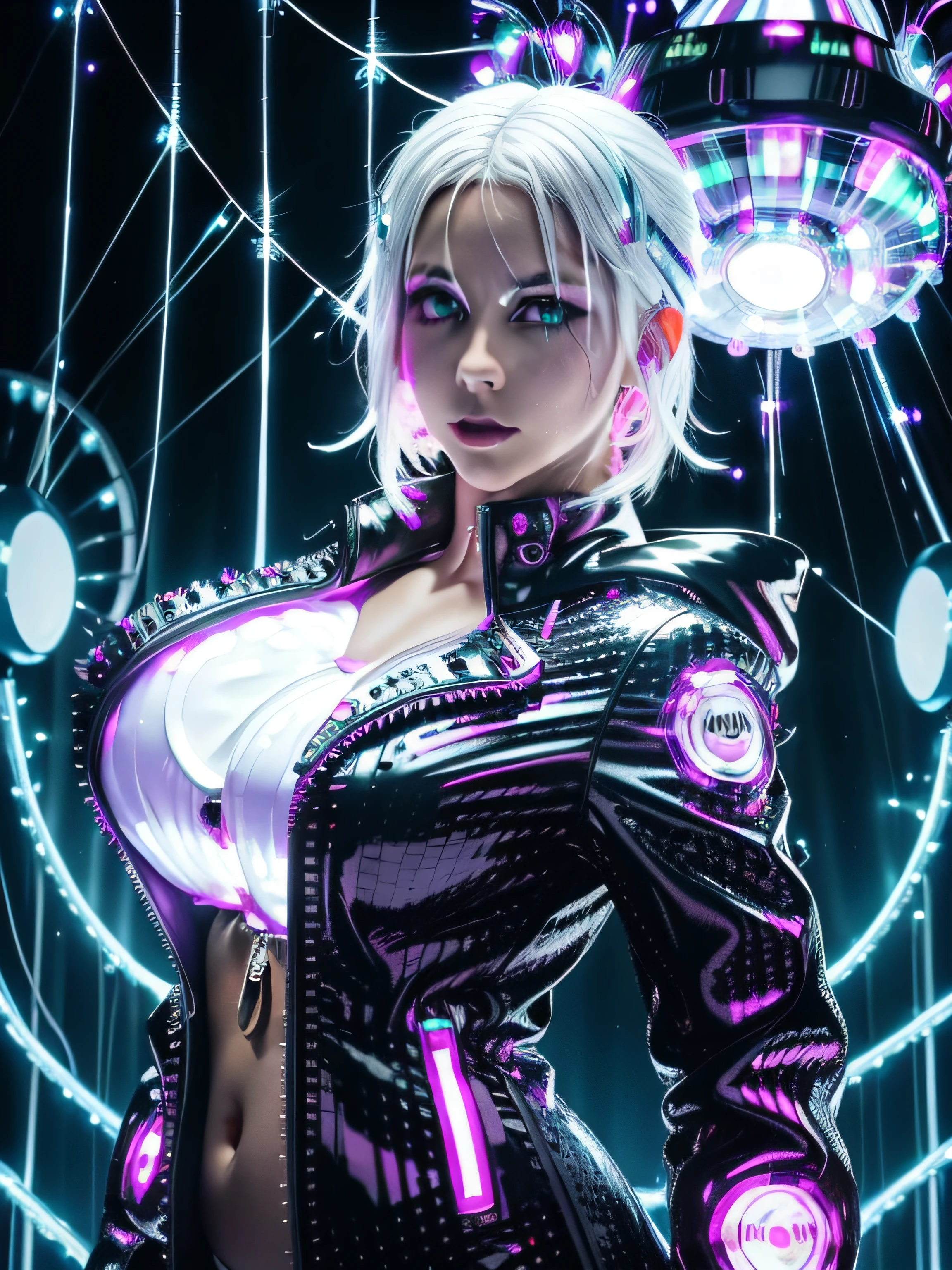 disco, (mirror ball:1.1), (Adult German woman:1.6), holding wires, looking to camera, (polyvinyl Jacket With Rivets:1.3), (rave fashion:1.6), (white hair:1.4), (open zipper:1.5), (erotic:1.5), (sexy:1.5), (glowing disco lights:1.8), (dangling sprinkler wires:1.7), best quality, sunlight, detailed face, gorgeous, realistic skin details, high quality, seen from below, translucent, (voluptuous:.5), sensual, lascivious, dominant, (sexual:1.3), sexy, romantic, high quality, film grain, Cinematic Light, sidelighting, stars background, sharp focus, overexposed light