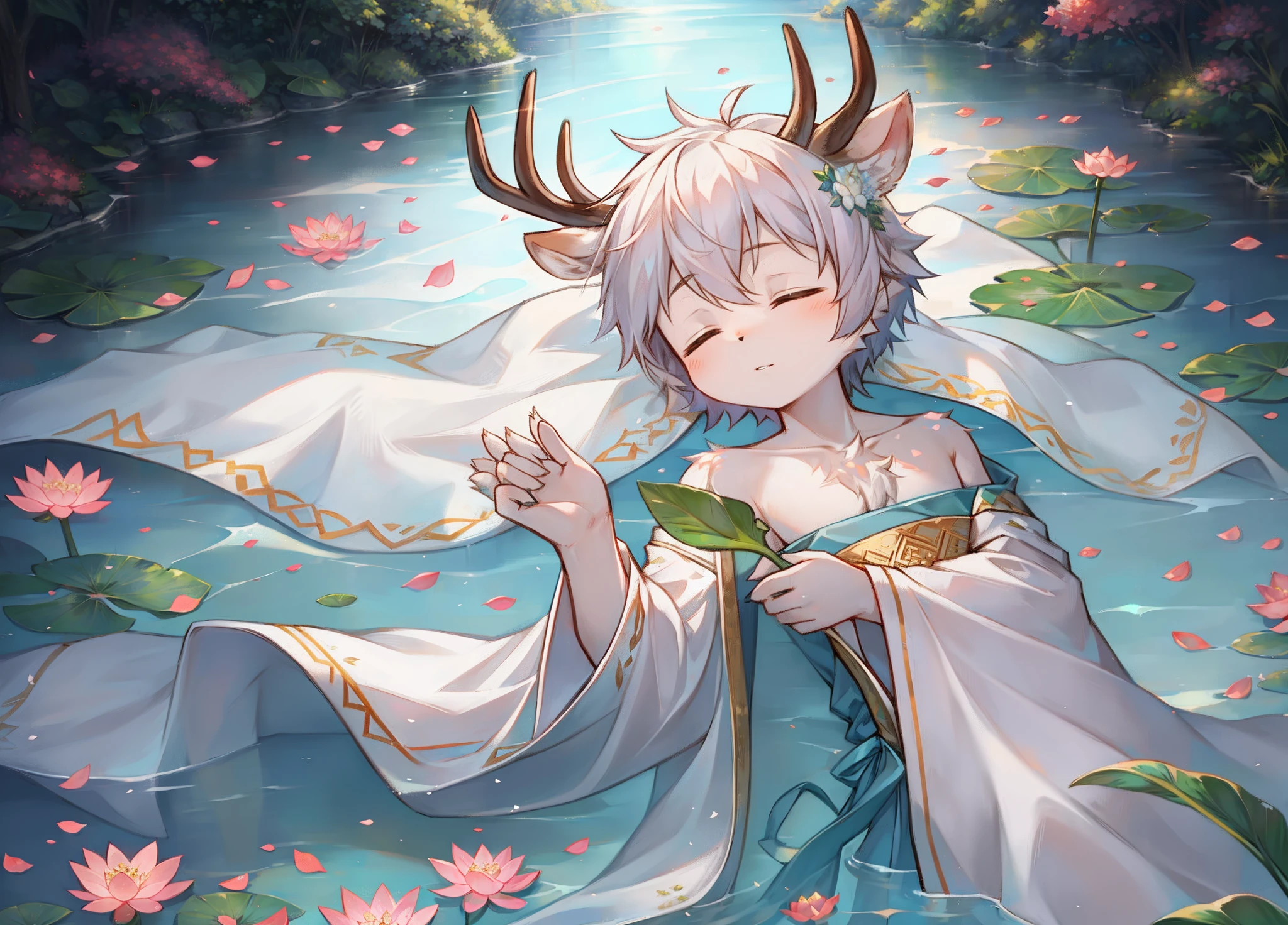 A white deer,Lotus leaf,On a huge lotus leaf,Lotus leaf,Blooming lotus flowers,Lotus in bloom,Shota,adolable,Take a lotus leaf,suns,Clear lake water,long white robe,Lotus leaves on the shoulders,solo person,Close your eyes,deer antlers,Lie in the pool,White petals,Pear blossom tree,serene,Beautiful picture,falling flower petals,flowing robe,Petals fall on the body and clothing,cropped shoulders