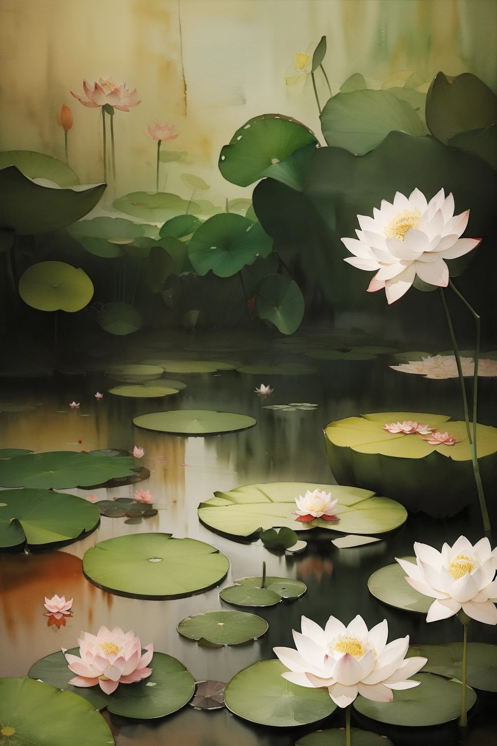 (((Chinese style painting)))、(((Traditional Chinese watercolor)))、Dragonflies dance、(((Lotus pond)))、Stand gracefully on top of a lotus flower
