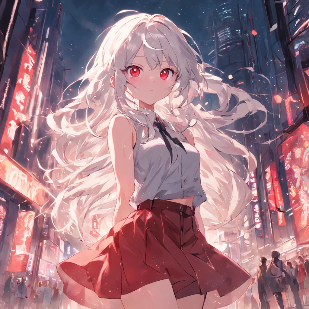 1girl, long wavy white hair, red eyes, wearing a sleeveless office outfit, tight skirt, city, absurd res, high res, ultrasharp, 8K, masterpiece, looking at viewer