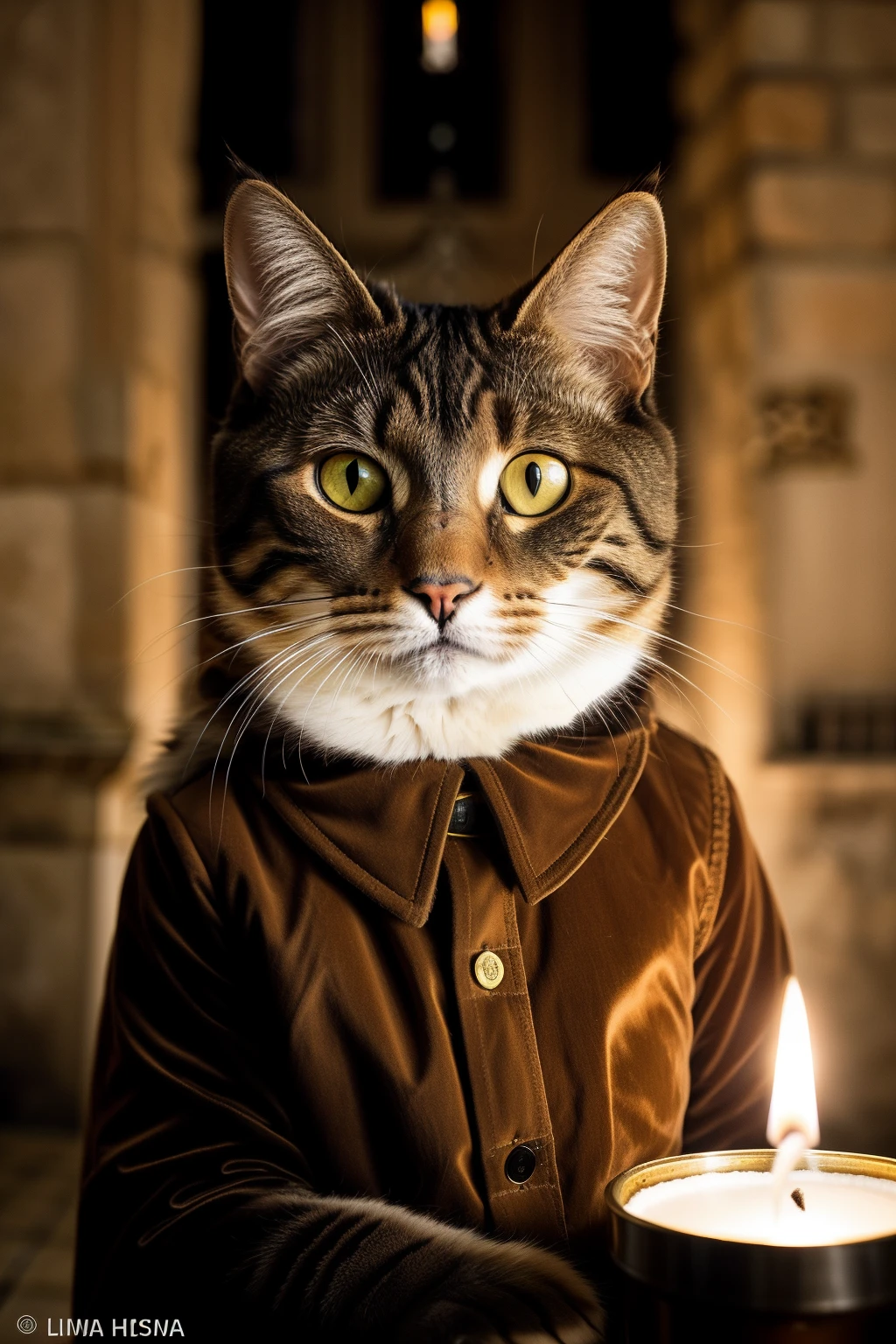 Foto RAW, animal, uma foto de retrato de um gato [rei:: gato: 1] humanoid cat in royal costume, escadaria do castelo de fundo, luz difusa de velas, rosto, 8k uhd, dslr, soft-lighting, alta qualidade, grain of film, Fujifilm XT3