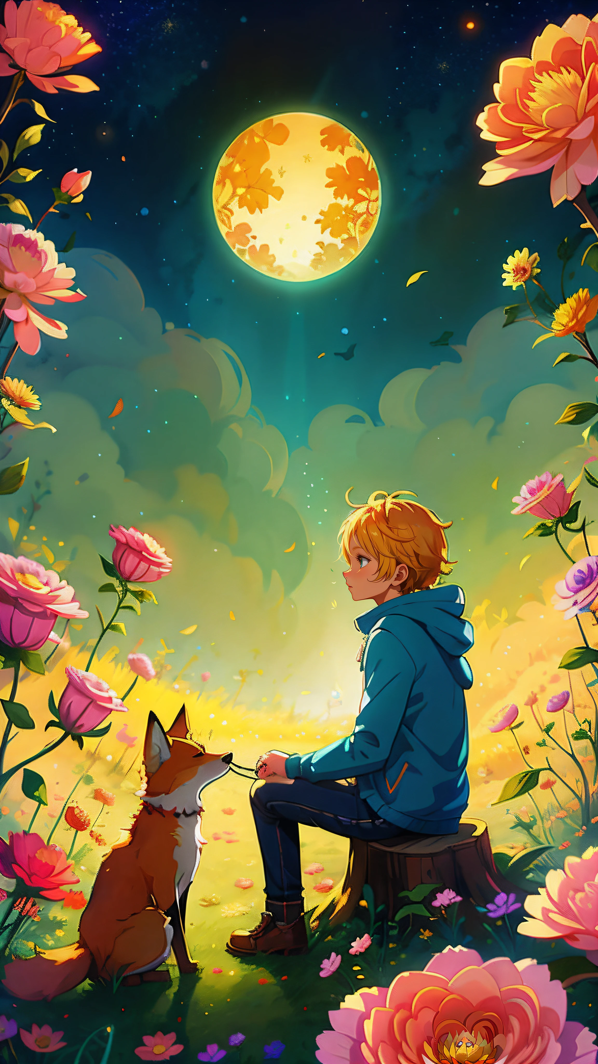 there is a blonde boy sitting on a tree stump with a fox, beeple and jeremiah ketner, background artwork, novel cover art for a book, cyril rolando and goro fujita, cover illustration, inspired by Cyril Rolando, art cover, art concept for a book cover, art cover illustration, a beautiful artwork illustration, the flower prince, the little prince