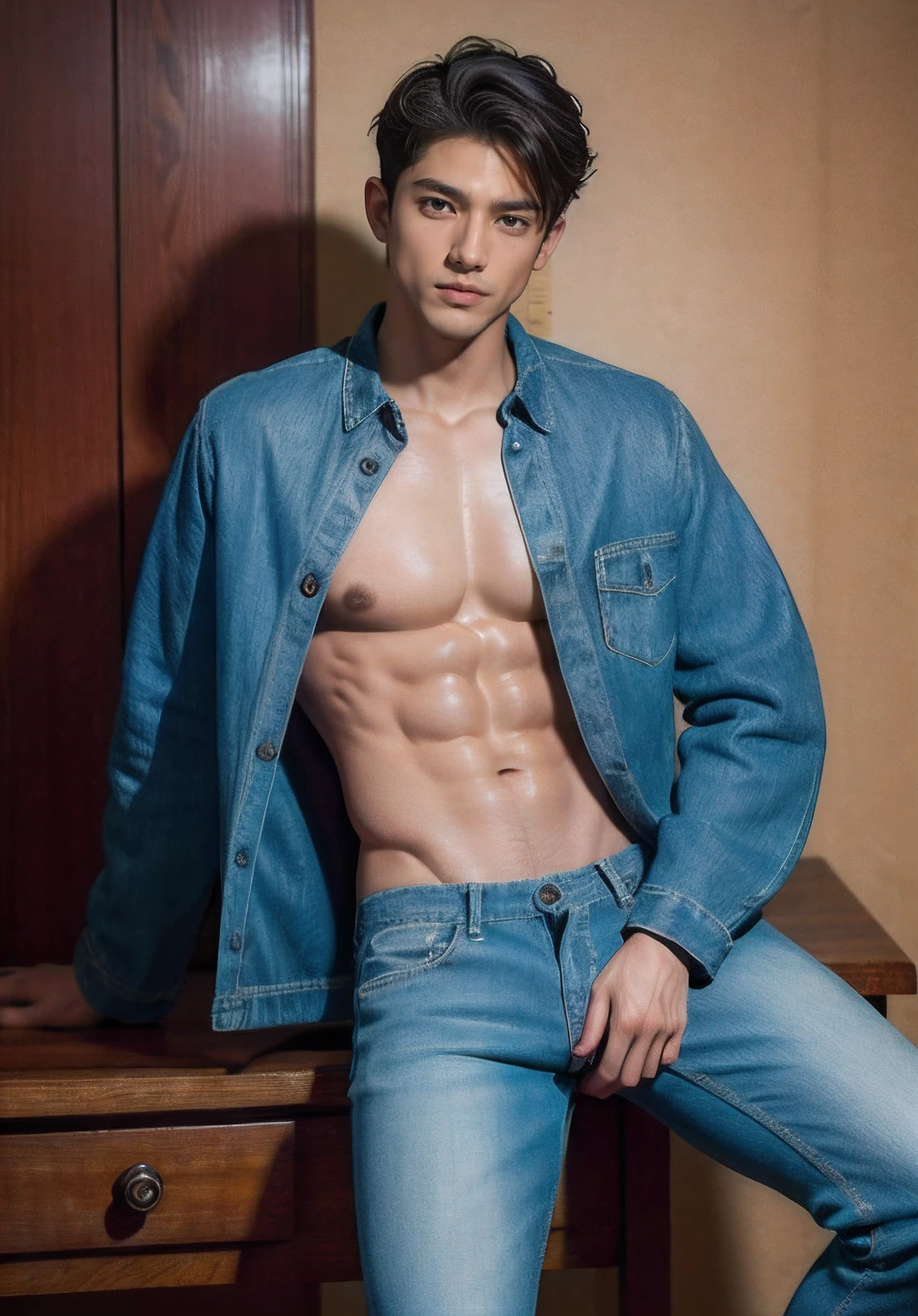 Handsome, , mestizo, best picture quality, higher quality, high detail, ultra-high resolution, 8k resolution, delicate facial features, boy, muscles, glowing eyes, short hair, hair details, legs apart [[look away, look to the side , Topless, ((((crotch bulge))))), real men, real human, jeans, sit down, skinny, open shirt, abs, sixpack, realistic