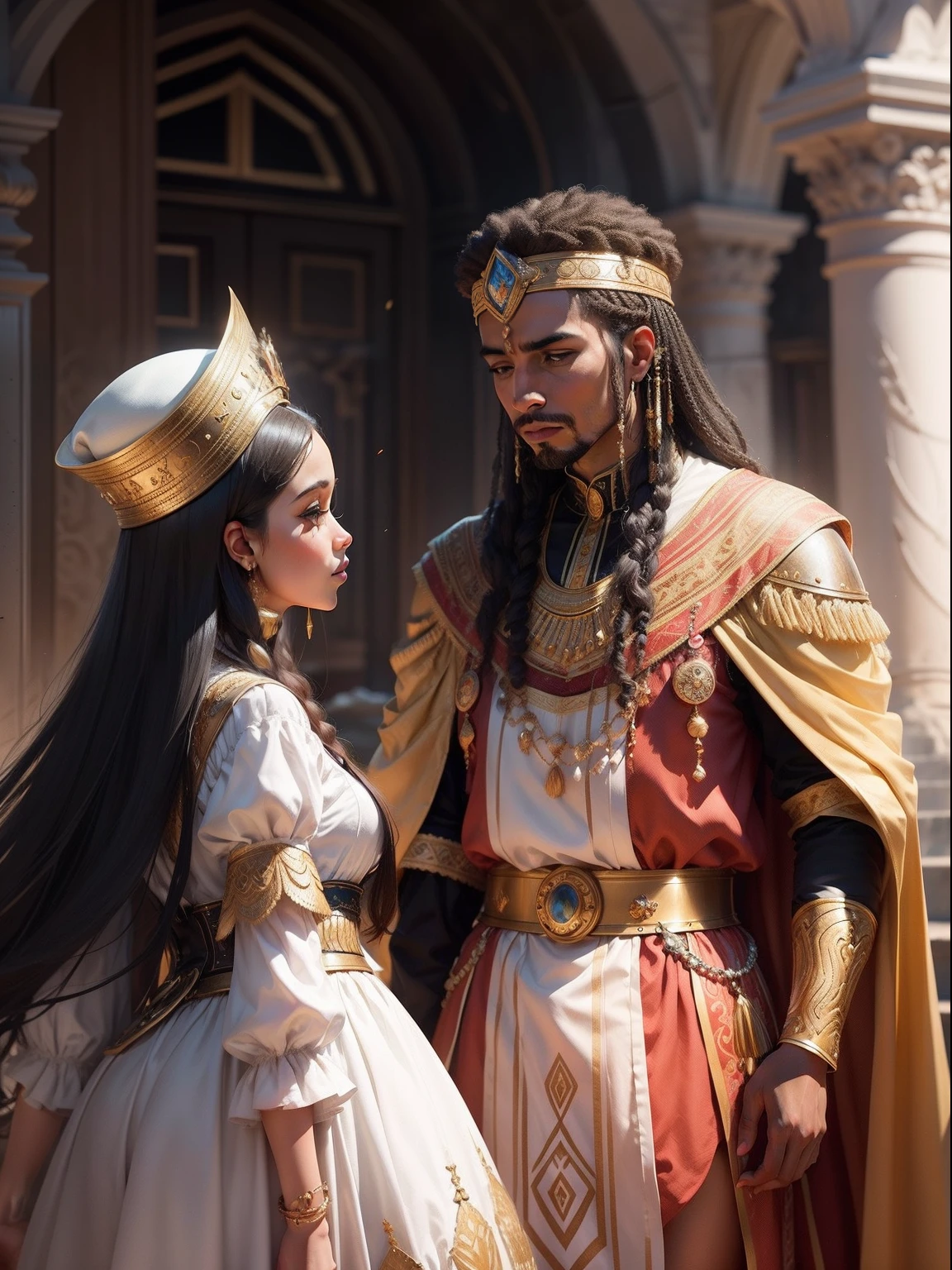 Create an image of a young, smiling king and a young Indian queen sitting on the throne holding hands with crowns on their heads in a white and gold palace, com a imagem 1 e 2 imagem realista, in high resolution, com texturas realistas