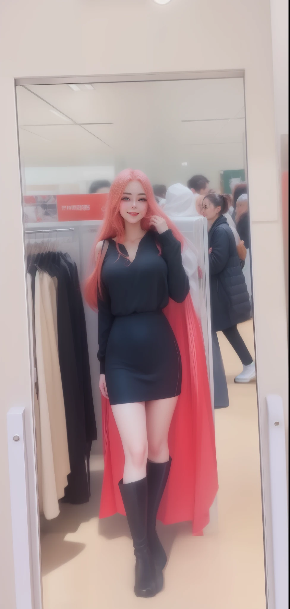 Realistic anime, Colorful Anime、the color of the dress or the color of the clothes is as advertised in professional magazines, Hair style metallic red or green nuggets, iridescent eyebrows, beautiful glitter, attractive curves, smiling shyly, dimpled cheeks, genuine, shy smile, dimpled cheeks, bright red lips, bright scene, background bokeh, candy green tree lines, white human skin, bright, realistic face, like a professional portrait, DSLR.