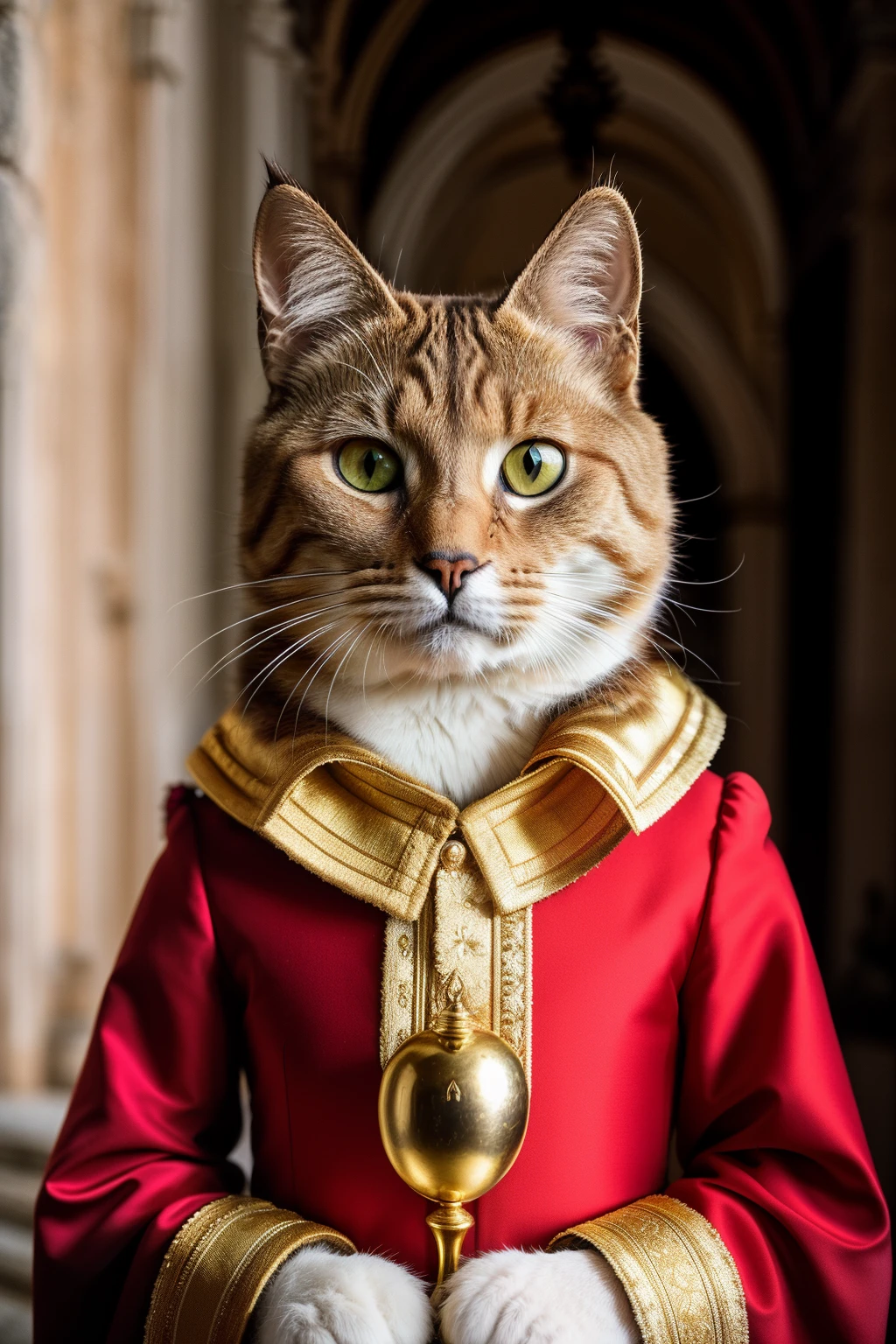 Foto RAW de um gato, animal, foto de retrato de ((rei))  ((gato)): 1] humanoid in royal costume, escadaria do castelo de fundo, luz difusa de velas, rosto, 8k uhd, dslr, soft-lighting, alta qualidade, grain of film, Fujifilm XT3