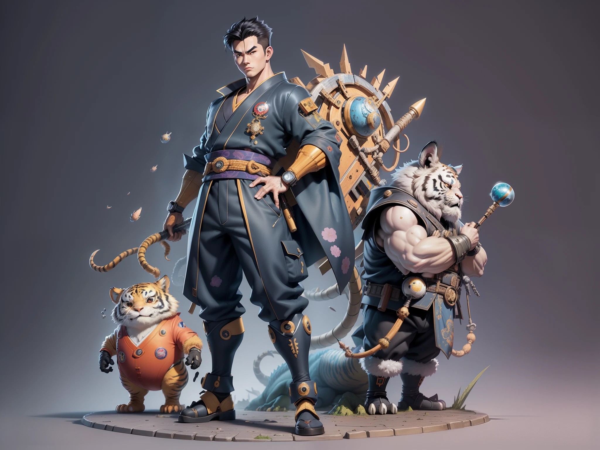 (Masterpiece), (Excellent), (Super Meticulous), (Full Body: 1.2), Super Young Man, Oriental Face, Japanese Kimono, Japanese Wind Thunder God, Dragon, Tiger, TV Anchor, Bust Portrait Illustration, Alone, Black Suit, Blue Tie, Slightly Chubby Face, Very Clean Face, No Beard, Black Super Short Hair, Black Eyes, Confident Smile, 3c Computer Sub-Products, iPad, iPhone, Digital Painting, 3D Character Design by Akira Toriyama and Mark Claireden and Pixar and Hayao Miyazaki, The illustration is a high-definition illustration in 4K resolution with very detailed facial features and cartoon-style visuals.