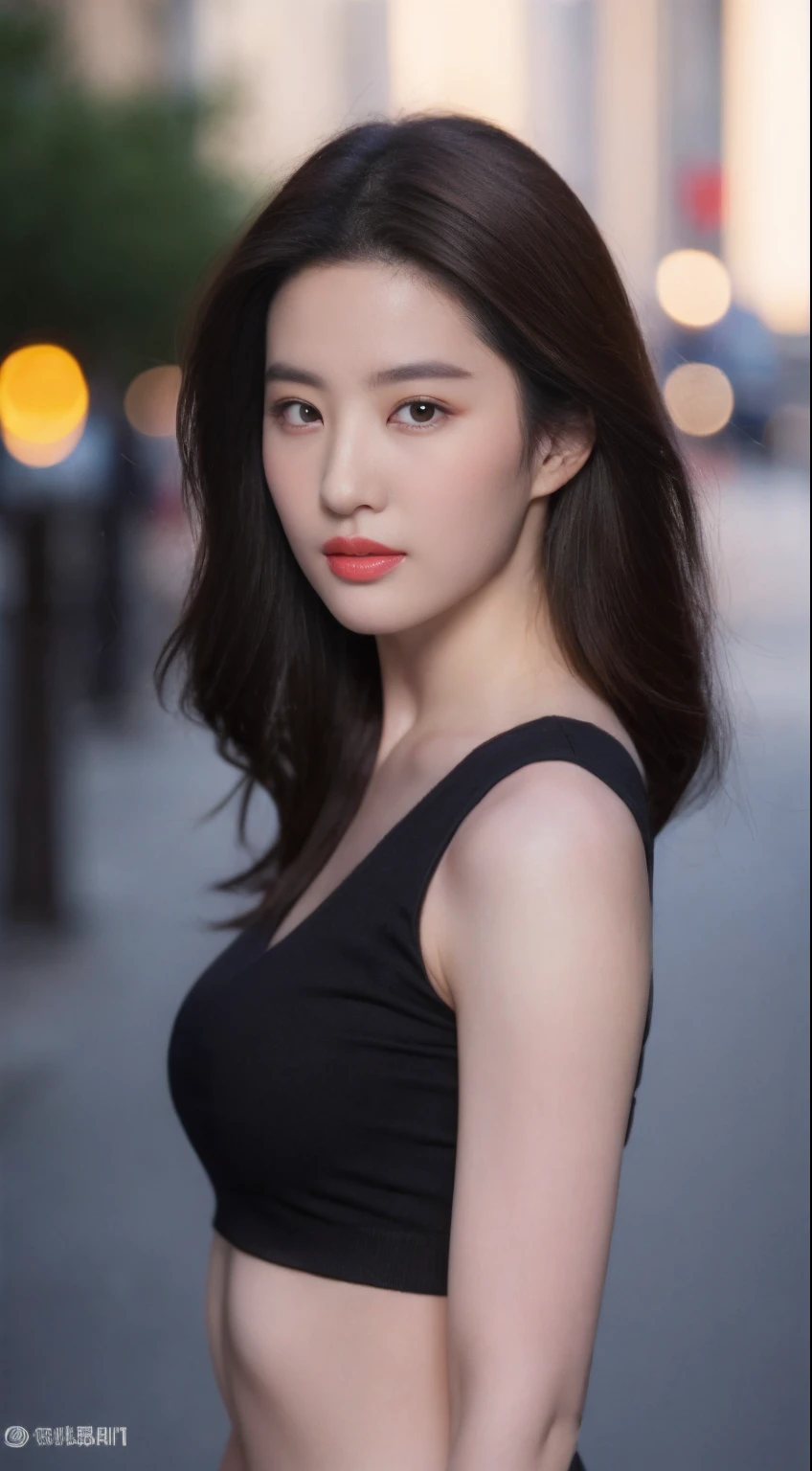 ((Realistic lighting, Best quality, 8K, Masterpiece: 1.3)), Clear focus: 1.2, 1girl, Perfect beauty: 1.4, Big breasts: 1.2, Slim abs: 1.1, ((dark brown hair)), (White crop top: 1.4), (Outdoor, night: 1.1), City streets, Super fine face, fine eyes, Double eyelids,