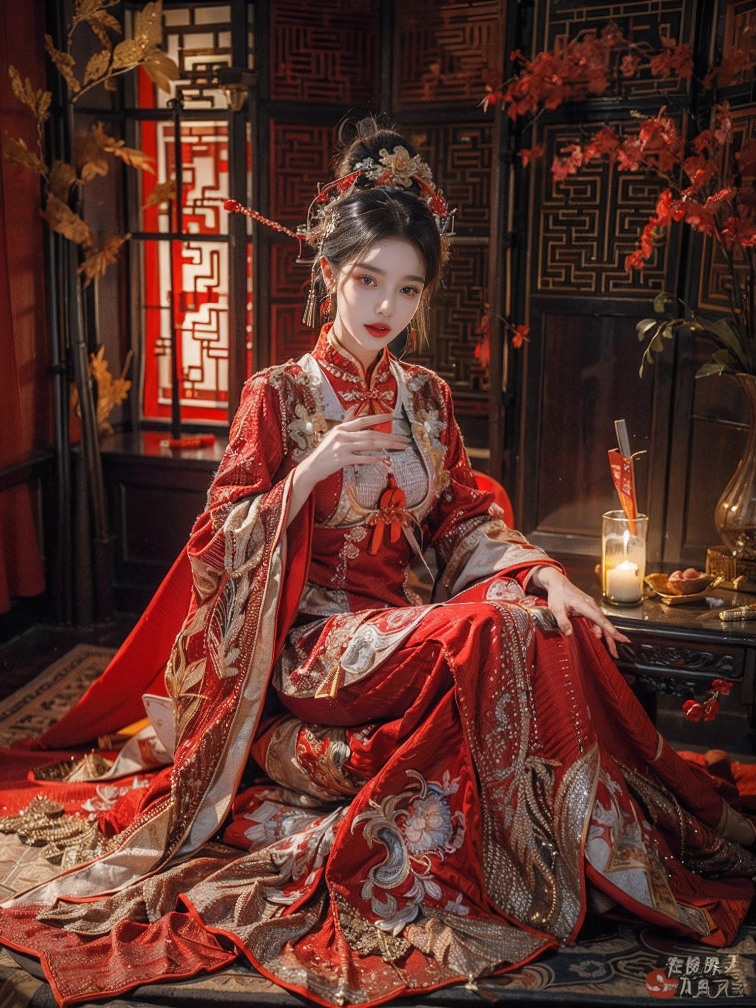 （Ultra-realistic 8K CG：1.2），Perfect artwork，delicate patterns，Complicated details，（Unbeatable masterpiece，Best quality at best：1.2），（extremly intricate：1.2），A woman in a red and gold dress，Phoenix crown，hair stick，（sitting on red bed），cosmetics，Be red in the face，is shy，black_Hair，looking-down，cosmetics，（forehead dot），（2 red candles），Chinese_clothes，窗帘，耳Nipple Ring，Hair_decorations，Hanfu，inside in room， jewely，rednails，Long_Sleeves，reddress，Redlip，nipple tassels，（Red quilt），（red palace：1.2），（Chinese Ancient Architecture），（rot：1.8），natta，Complete hands，Complete fingers，5 fingers，Smooth and delicate fingers