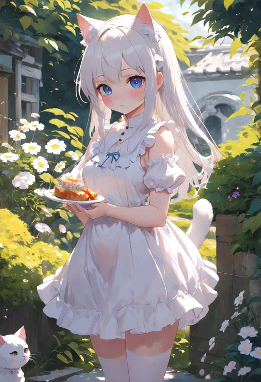 Anime cat-eared girl in white dress standing in garden, Lori in dress having breakfast, small curvy loli, artwork in the style of guweiz, guweiz on pixiv artstation, guweiz on artstation pixiv, guweiz, small loli girl, soft anime illustration, Anime visuals of cute girls, Detailed Digital Anime Art, (((No arm frills)))