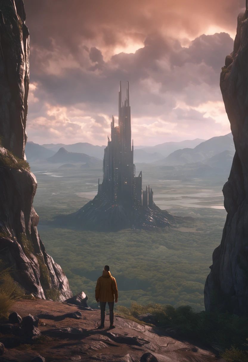 a highly detailed matte painting of a man on a hill watching a giant alien monster, by makoto shinkai, by artgerm, by wlop, by greg rutkowski, volumetric lighting, octane render, 4k resolution, trending on artstation, masterpiece
