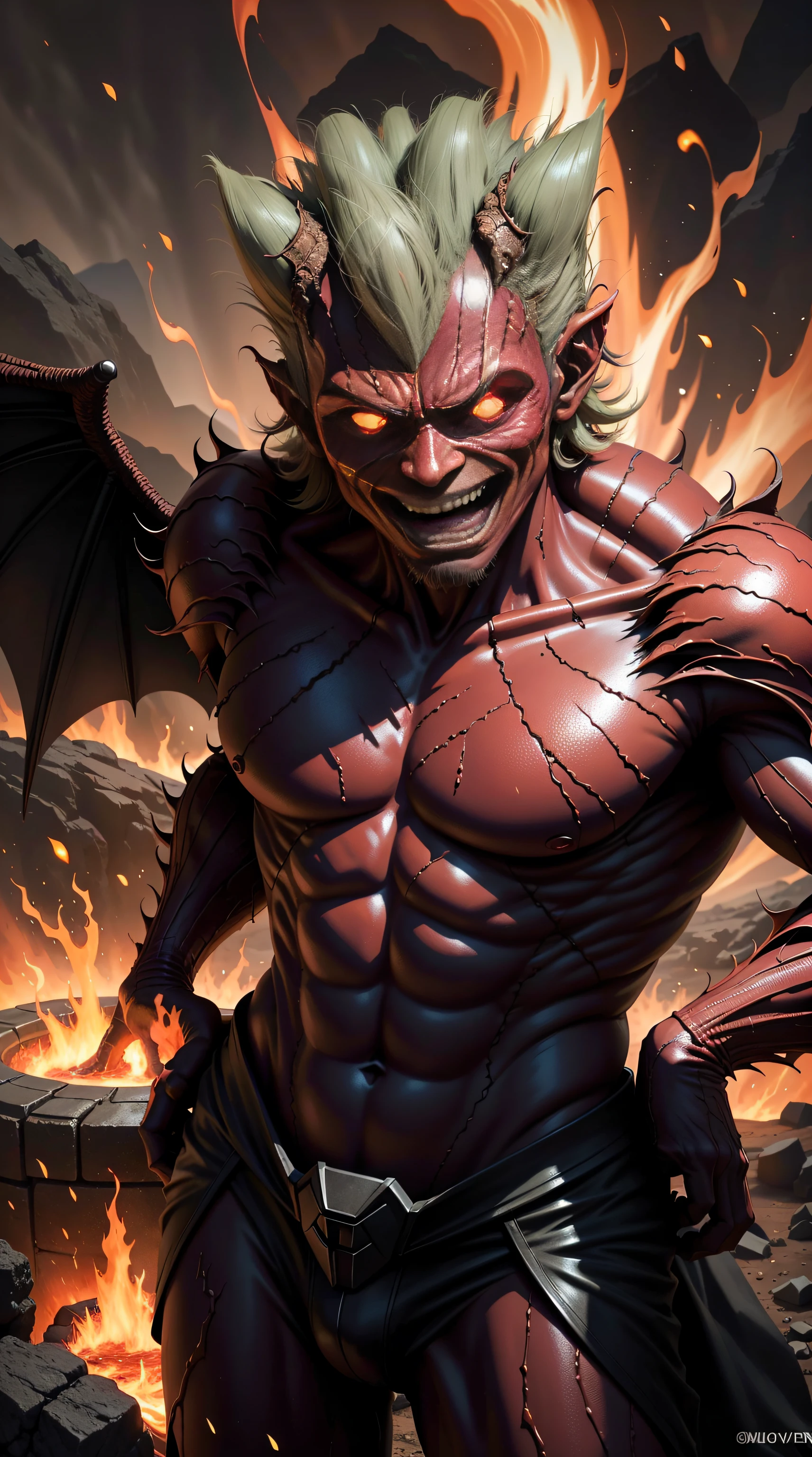 Groot's masterpiece as a hellish demon; Background: molten lava, volcanoes, hell; The devil's weapon in hand; The devil's attire; Scary appearance; Ultra photo realsisim; 8k HDR quality; An evil smile on his face; Demon's wings