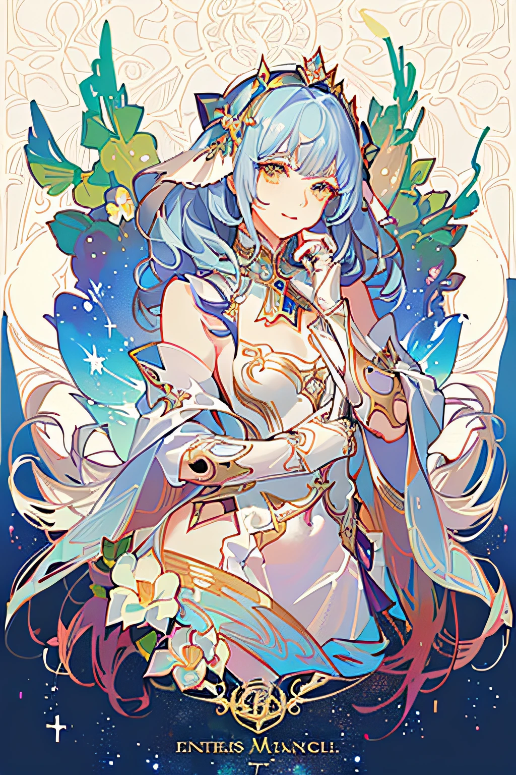 A woman holding a snowflake in her hand in the image of Arafard the mouse ,Beautiful as a flower,Put on your shirt,Cold,snowflakes falling,Stay warm,Increases heat,Small cold solar terms,24 solar terms,Human form, full bodyesbian, Ink painting style, extreme hight detail,Fantasy armor, Black gold armor, Golden armor,White cape fluttering,3D,Inspiration,art-style,Ultimate beauty,Snowball in hand,white backgrounid,style de carte de tarot,Birth chart, Venus, optic, themoon, suns, planetes, As estrelas, gently smiling,Alphonse mucha and rossdraws, mucha style 4k, artgerm mucha, korean art nouveau anime, Portrait Chevaliers du Zodiaque Fille, Goddess. Extremely high detail, Anime fantasy illustration, Detailed digital anime art, gorgeous goddess of leo, anime art nouveau, Tarlo padding, Stick liners.