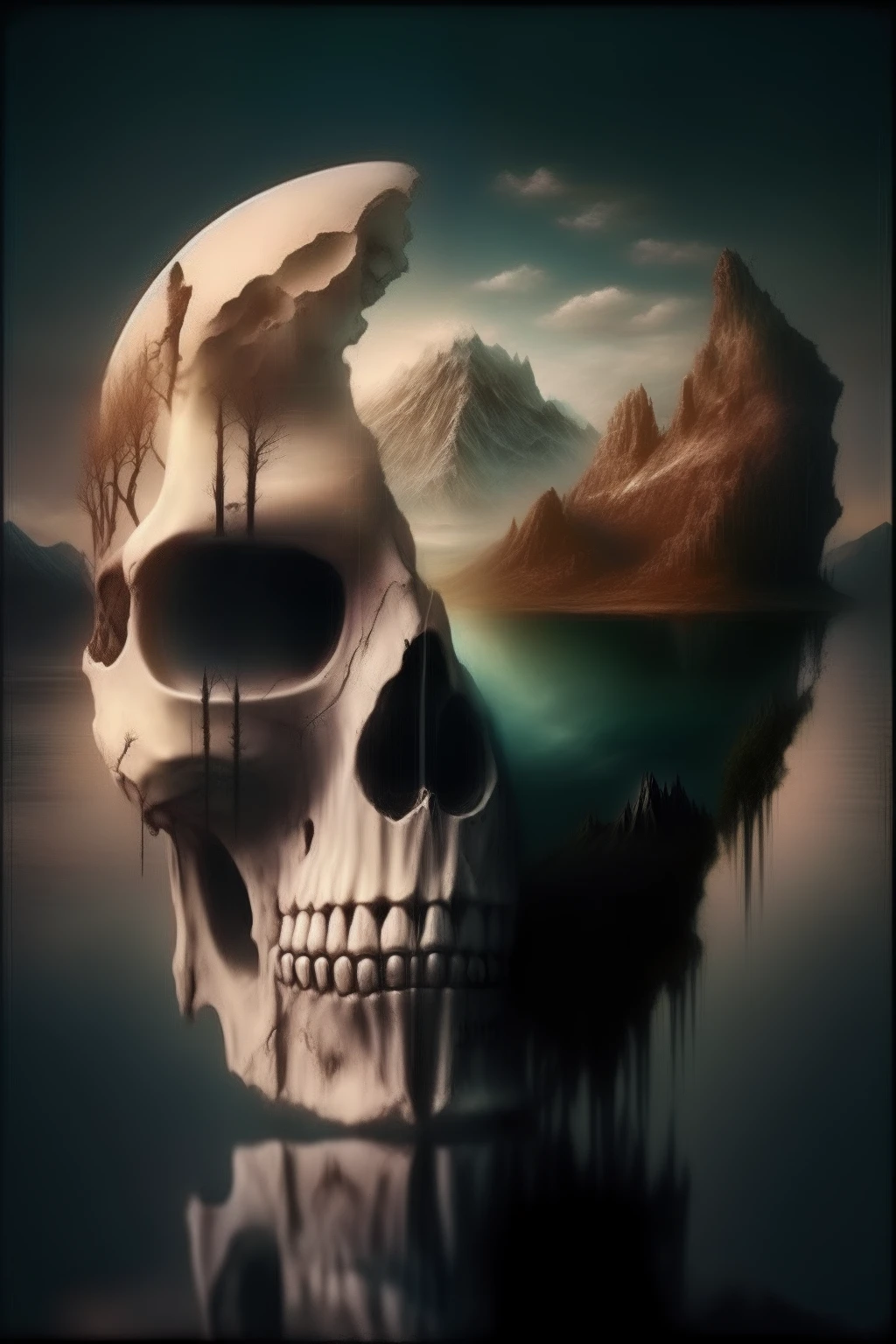 Dark Fantasy Art of <lora:Kodak Motion Picture Film Style v4:1>
landscape wide shot An Oscar winning horror desaturated movie for Best Cinematography a woman standing in a river next to a tree with a creepy skull shaped cave above leading to carcosa city underground Kodak Motion Picture Film Style, dark, moody, dark fantasy style