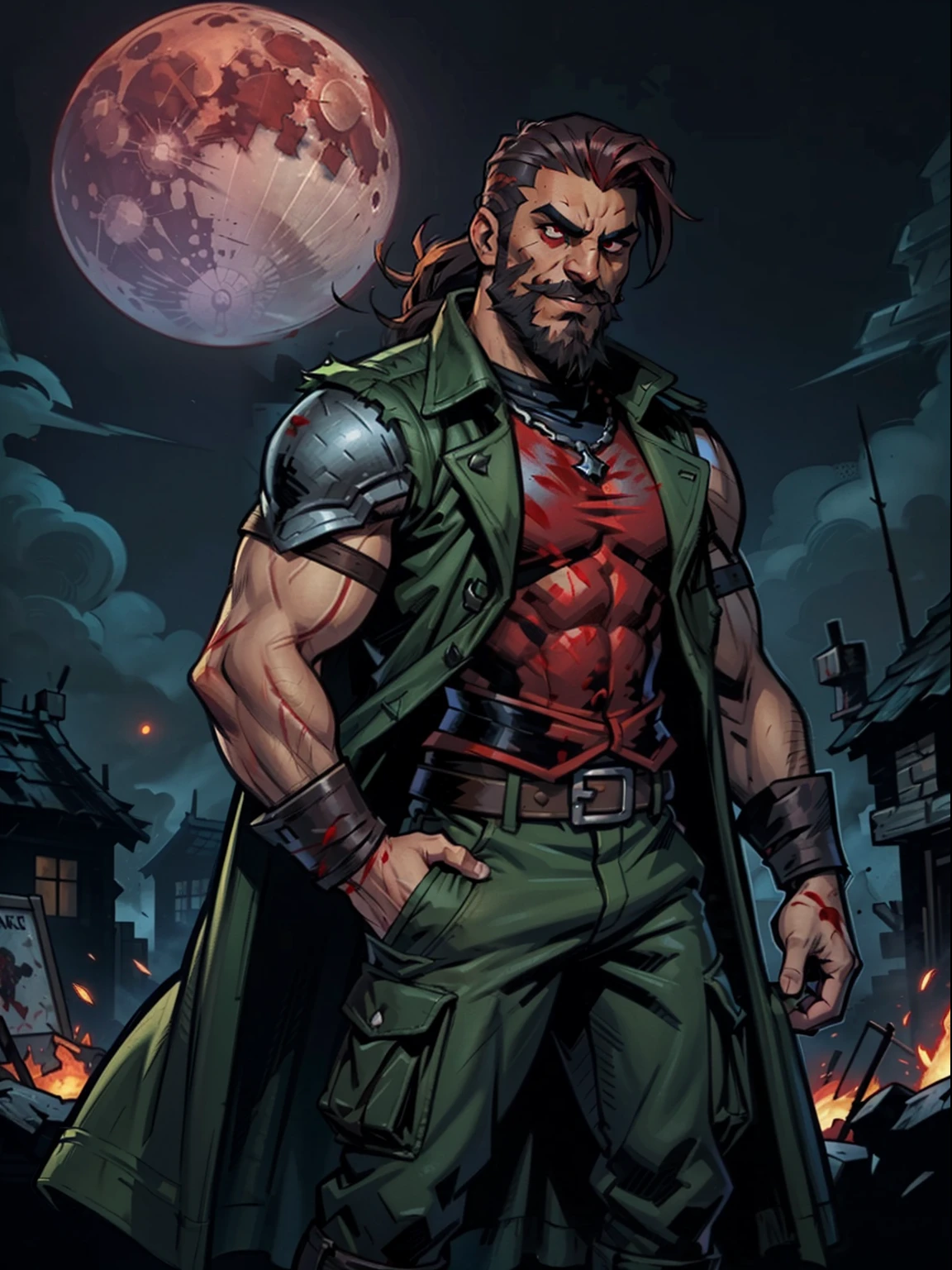 Blood moon background, Darkest Dungeon style, taking treasure. Sadurang from Marvel, hunk, buffed physics, short mane hair, mullet, defined face, detailed eyes, short beard, glowing red eyes, dark hair, wily smile, badass, dangerous. Wearing big green trench overcoat, armor vest, cargo pants