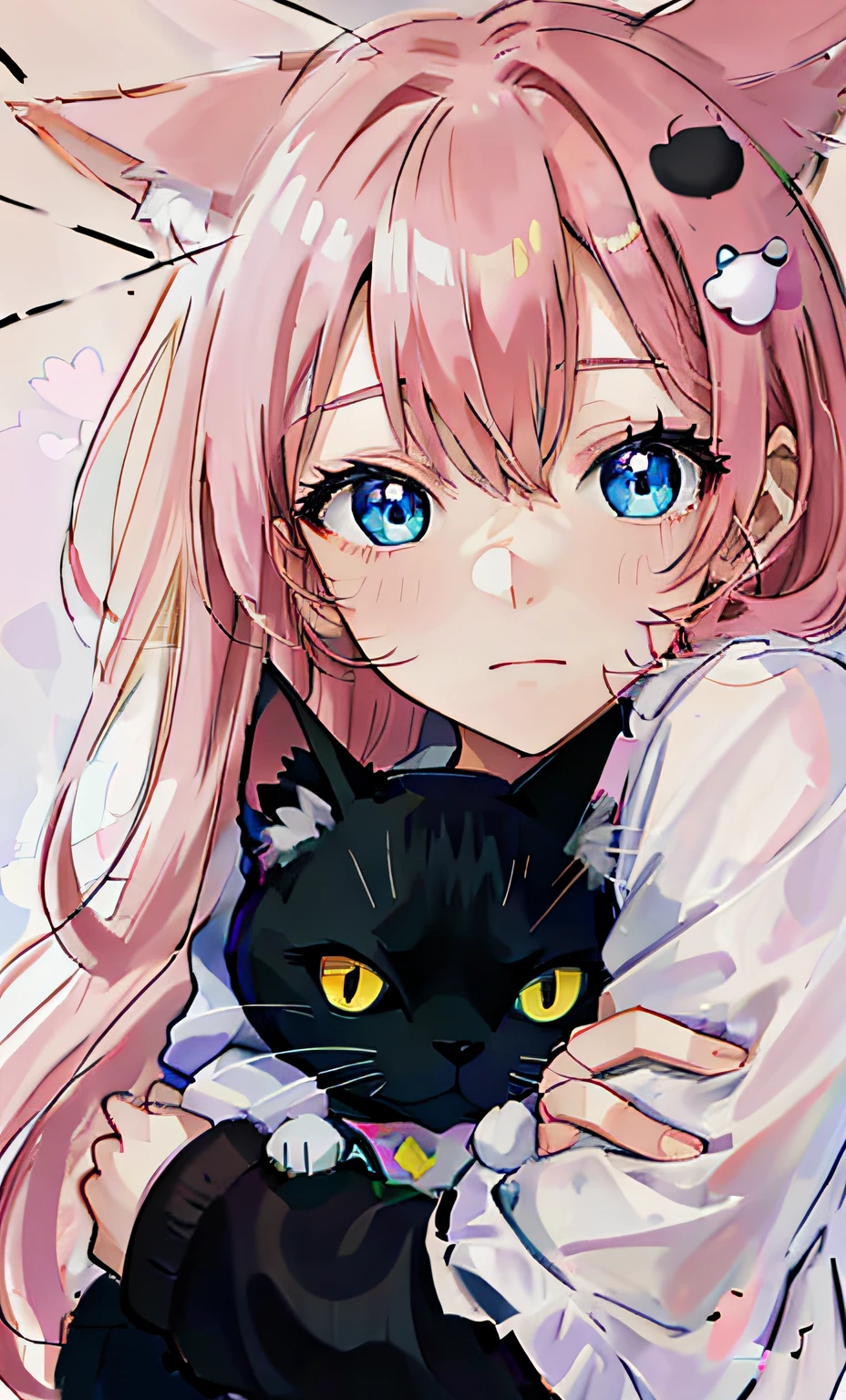 Anime girl with pink hair and blue eyes hugging black cat, beautiful anime catgirl, cute anime catgirl, anime girl with cat ears, anime catgirl, Very beautiful anime cat girl, cat woman, Soft anime illustration, very beautiful cute catgirl, anime cat, Cat girl, by Kamagurka, beautiful anime art style, flat anime style shading