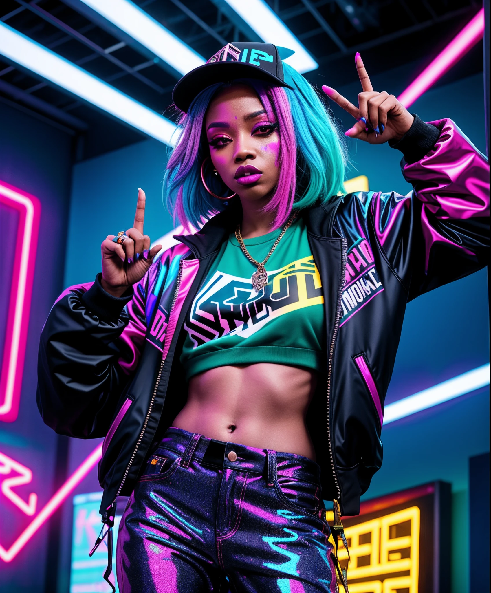 "Showcasing a fierce female rapper with confident demeanor, displaying powerful arm movements and throwing up gang signs, in a visually striking music video setting with dark holographic neon streaks and vivid graffiti, capturing the essence of edgy boom bap music."