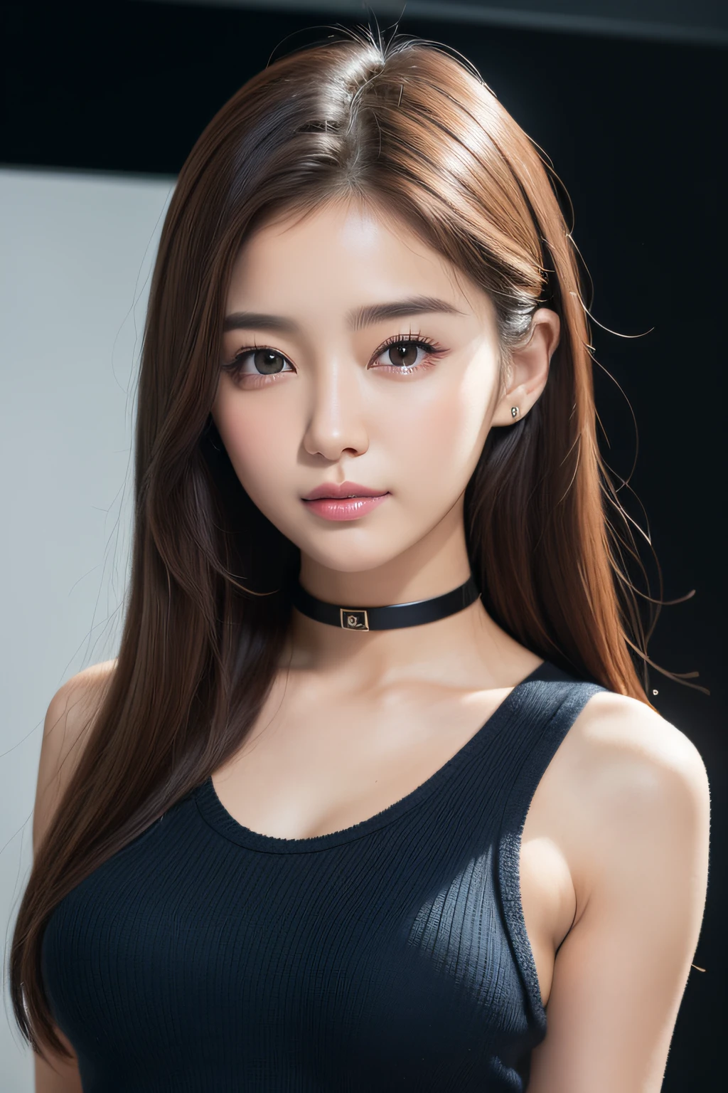 ((best qualtiy、8K masterpiece:1.3))、foco nítido:1.2、(ultra beautiful faces:1.0)、(shiny skins:1.0)、Photos realistic、brunette color hair、Video lighting、High-definition eyes and face、Video lighting、(Korean cute actress)、From the front side、Medium large breasts、ssmile、Slender Abs Beauty、Wear a knitted shirt with an asphalt collar、Bust photo、ID photo