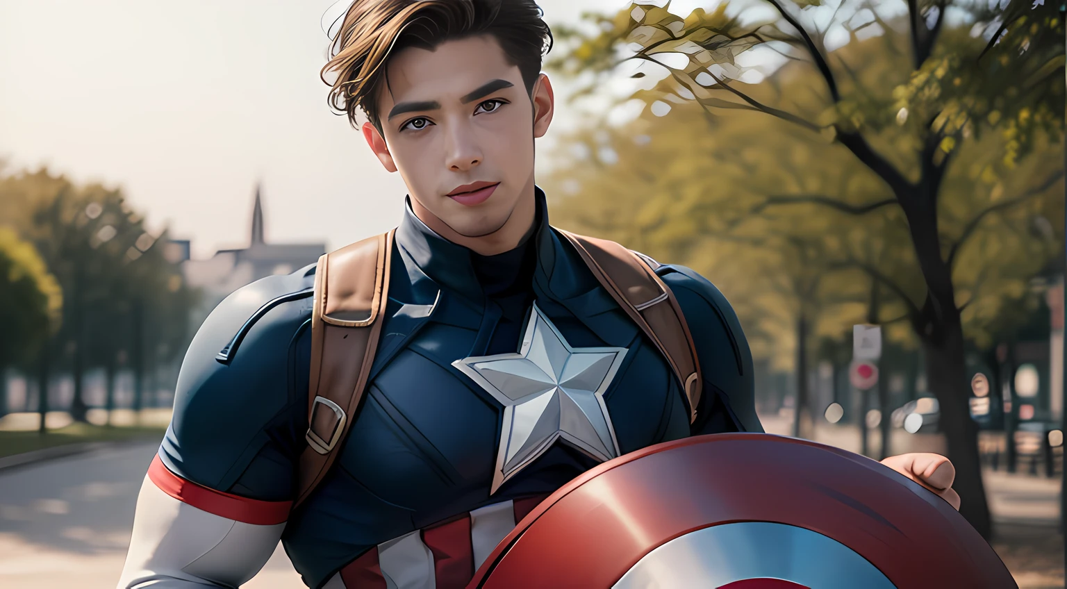 ((Men only)), (cowboy shot), (Handsome muscle man in his 20s), (Captain America), (smile), (in the park), (detaile: 1 in 1), Natural muscles, HIG quality, beautidful eyes, (Detailed face and eyes), (Face、: 1 / 2), Noise, Real Photographics、... ..................................................................................................................PSD, Sharp Focus, High resolution 8K, realisitic & Professional Photography, 8K UHD, Soft lighting, High quality, Film grain, FujifilmXT3