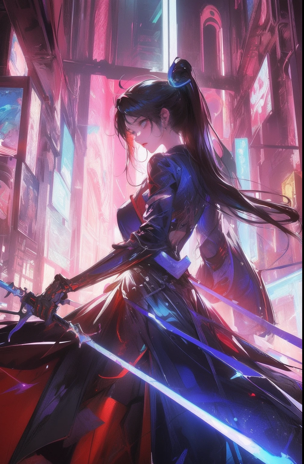 (Masterpiece, Top quality, Best quality, offcial art, Beautiful and aesthetic:1.2),(Blue-violet Neon Lighting), (Vibrant glow), Dynamic colors, Striking contrast, futuristic vibe, electric energy,shiny reflective surfaces,(Cityscape:1.3),8K,offical wallpaper, 最好质量，It's best to draw style
