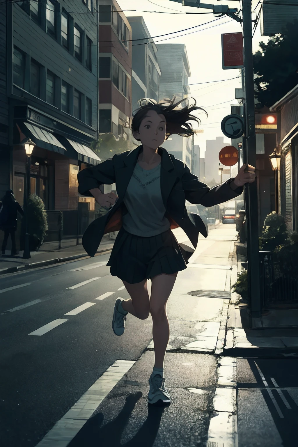 Emily quickens her pace, hoping to reach home before darkness fully envelops the neighborhood. Image: Emily's feet moving swiftly, her shadow stretching out before her as the streetlights start to flicker.