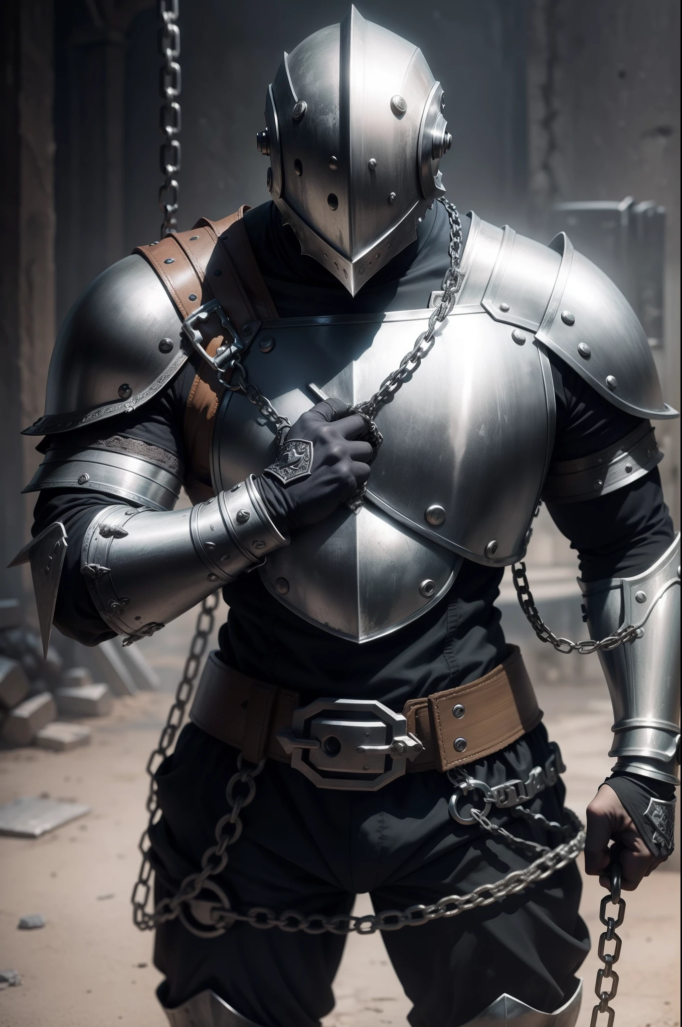 Wearing Gothic armor,Hand-held chain hammer,Standing,Strong man,without showing face