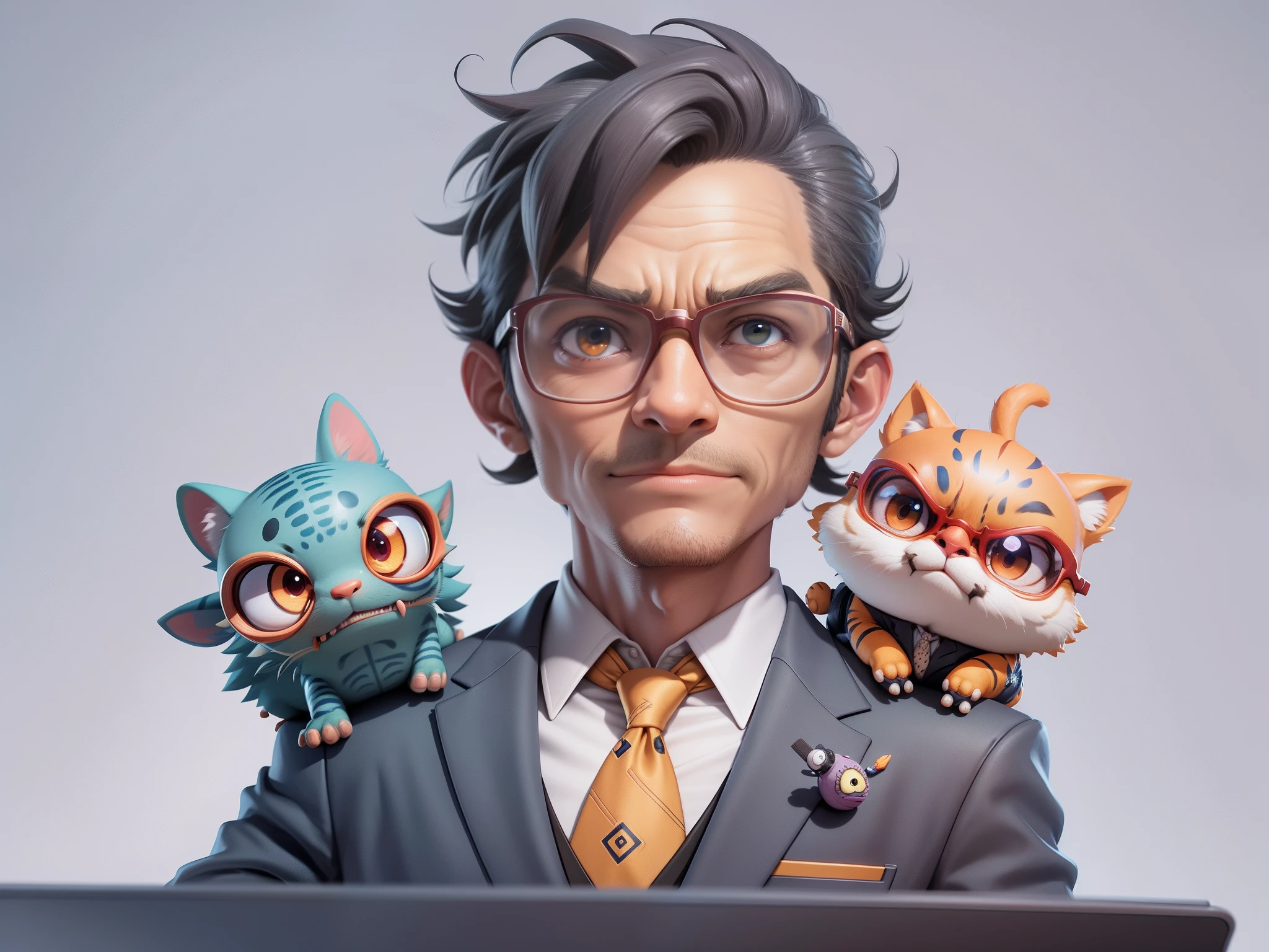 A young man in a suit, Short hair and glasses sat at his desk,holding laptop,digitial painting,tigre,3D character design by Mark Clairen and Pixar and Hayao Miyazaki and Akira Toriyama,4K HD illustration,Very detailed facial features and cartoon-style visuals。