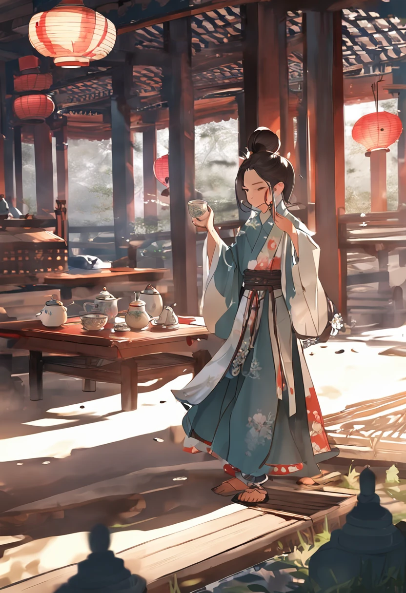 The good-looking ten-year-old girl in Hanfu poured tea in Sven