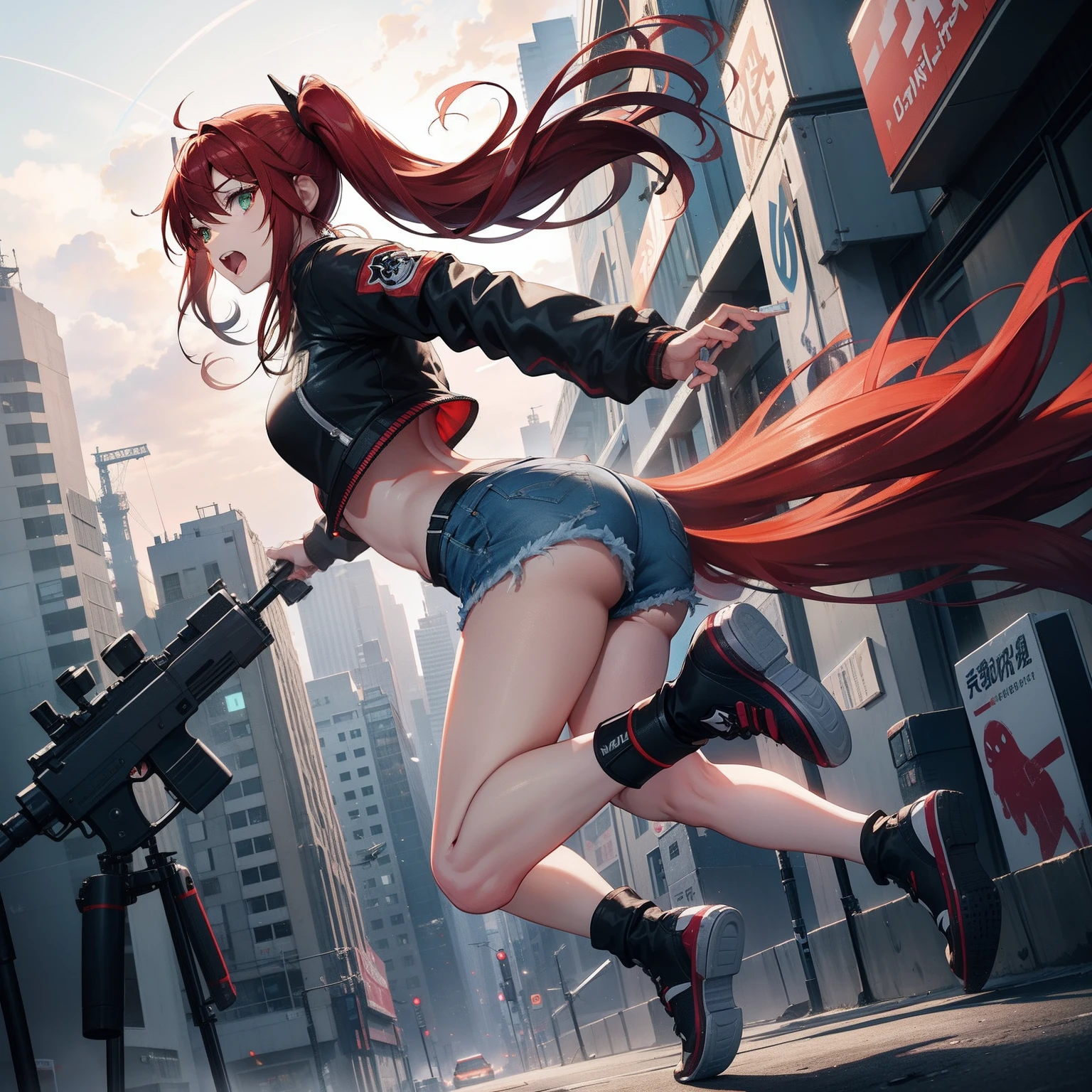 Full body shot, female asian Irina Shidou red hair twintails green eyes, in a cyberpunk city, wearing a bomber jacket and crop top and denim shorts, standing next to a Nissan GT-R, holding a big machine gun, holding a long laser rifle, shooting laser rifle, shooting lasers up at the sky, missile strike, rocket launch, rapid fire, explosions, running and jumping, open mouth, screaming, frontal shot, side shot, rear shot, back shot, behind shot, masterpiece, highly detailed