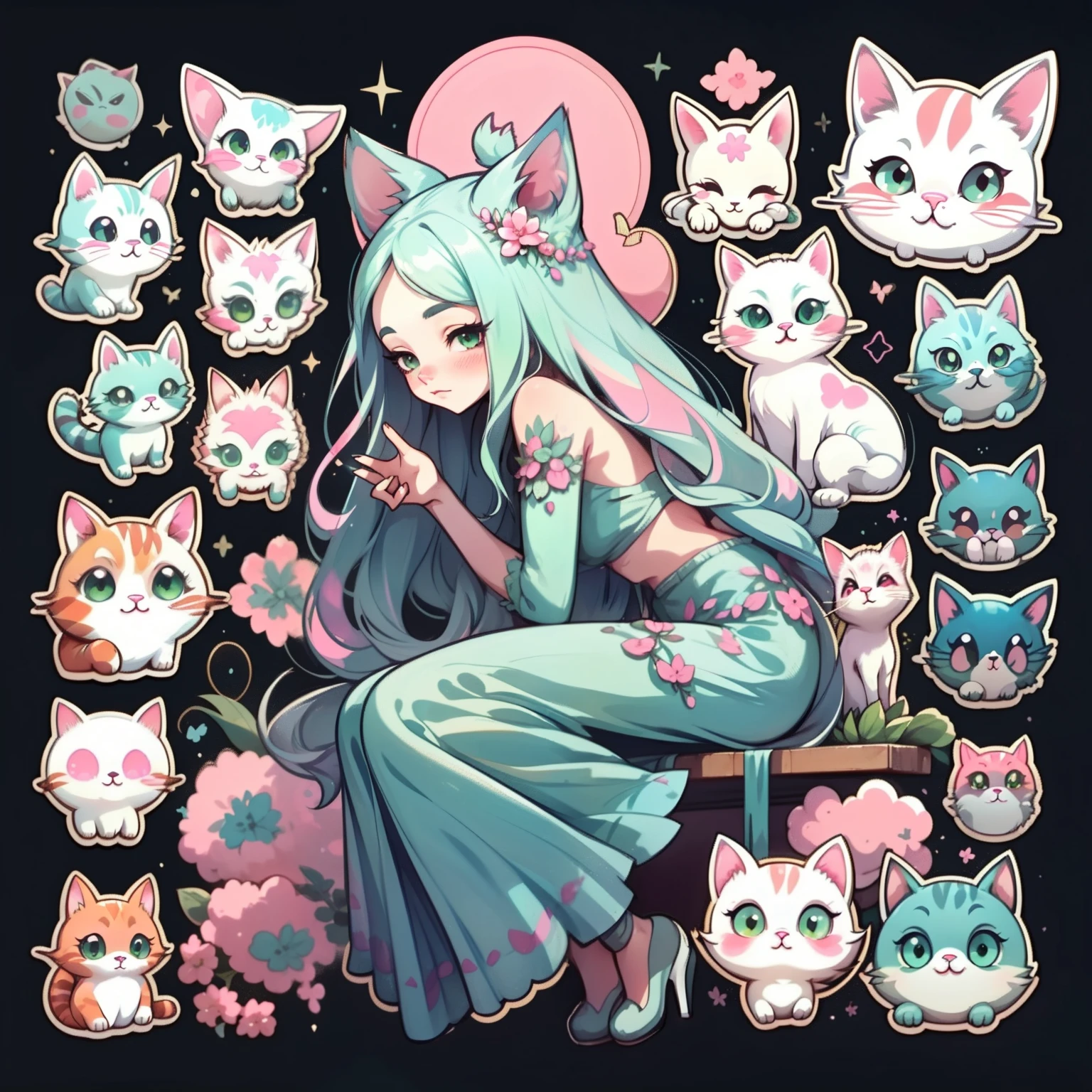 Adhesive,1girll, simple backgound, Girl with long hair, Beautiful cat girl, Cat aesthetics, Beautiful girl, very beautiful fantasy art, Beautiful and elegant female cat, beautiful detailed fantasy, Pink green taste, Pink and green color theme