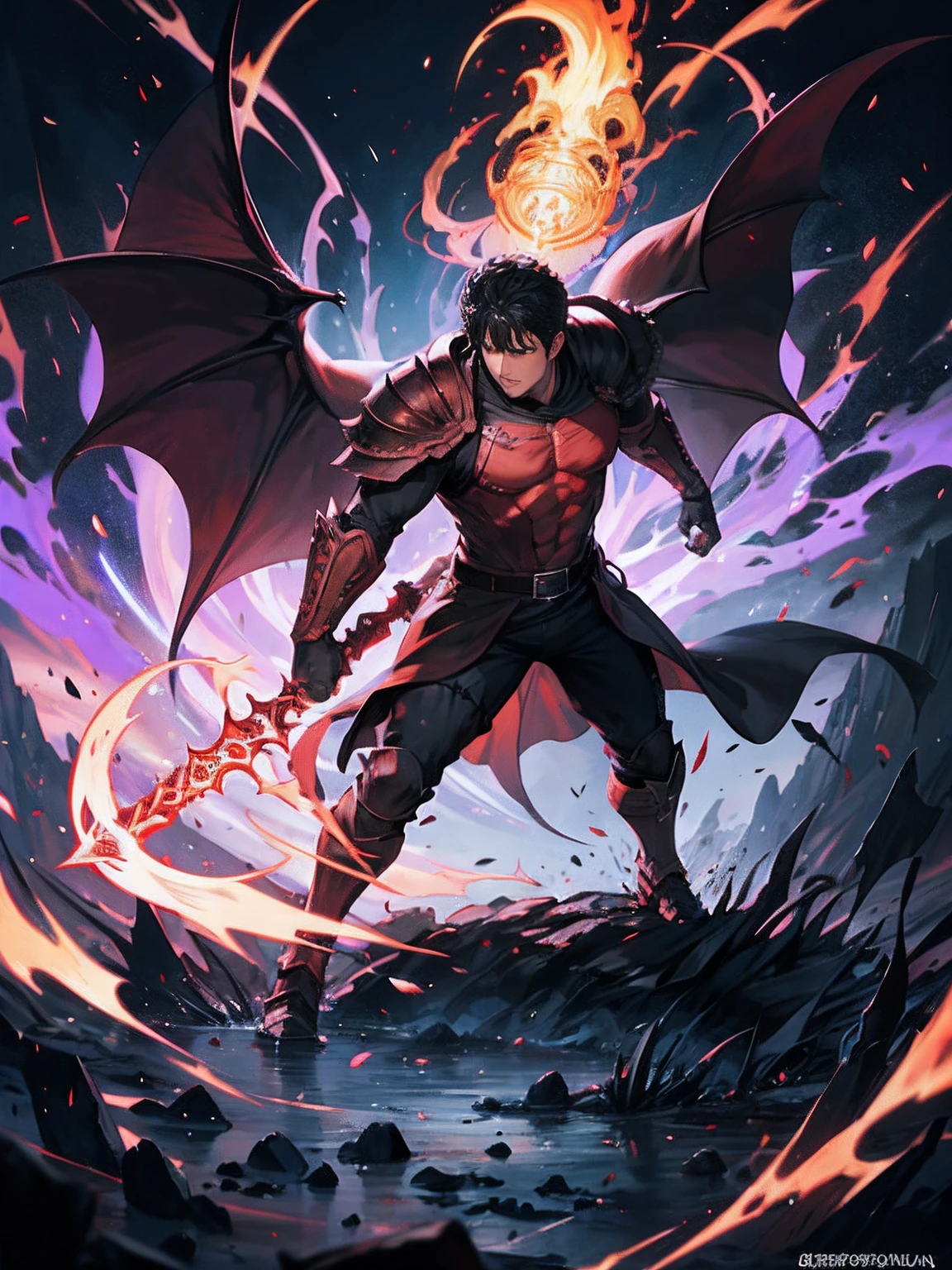 Full body scene of Guts (Berserk) with black hair, look at you, handsome face, cold, fiery eyes, center, full body wearing black armor inspired by demon dragon scales reflecting hell fire and purple lightning.