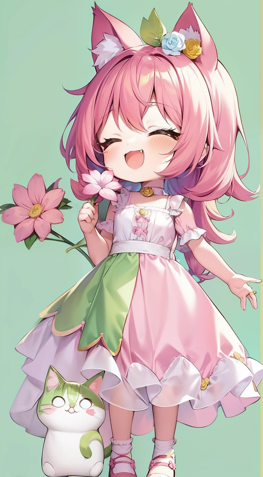 Cat-eared girl, chibiStyle, With cat ears, Pink hair, The hair ends are green,Happy smile, Holding a flower, Cute long dress、colourful dress, Isolated on plain white background, showing whole body,There is a cute kitten