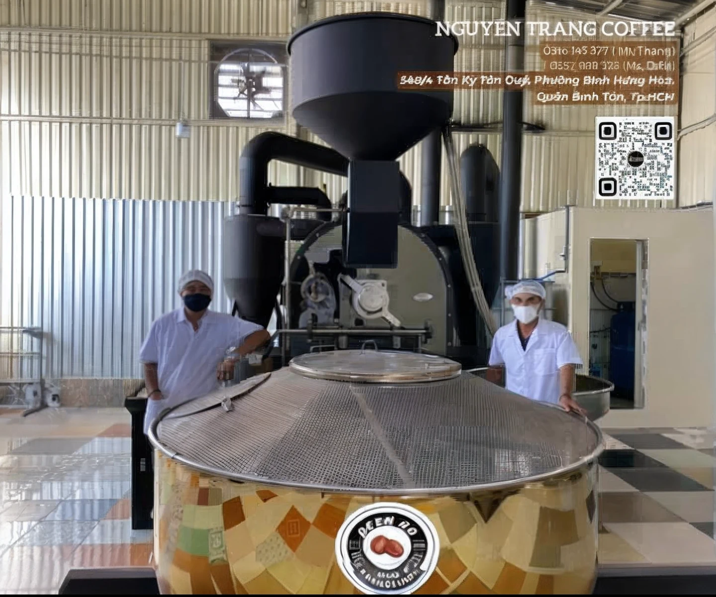 workers in a factory with a large machine that is making coffee, highly detailed, album photo, reality render, high quality product photography, full of steaming coffee.