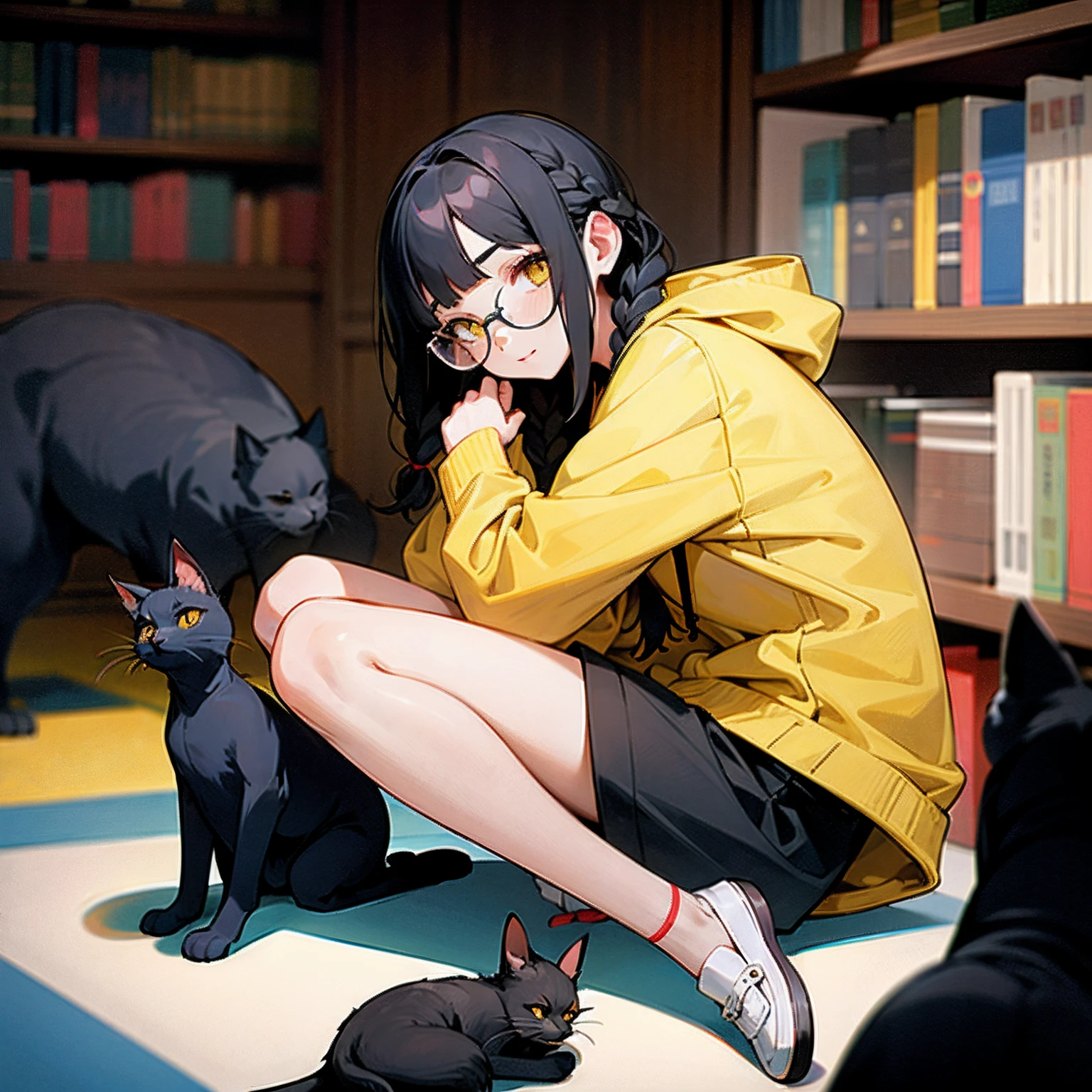 1 girl with black hair, braided hair on both sides, yellow eyes, wearing glasses, wearing a gray-white hoodie and 1 pair of black gym shorts with white stripes, feet wearing loafers, calm face, under eyes there must be a mole, next to the girl is a black cat with big yellow eyes lying in the girl's arms, the girl's other hand is holding a novel, the background is a library with bookshelves full of books.