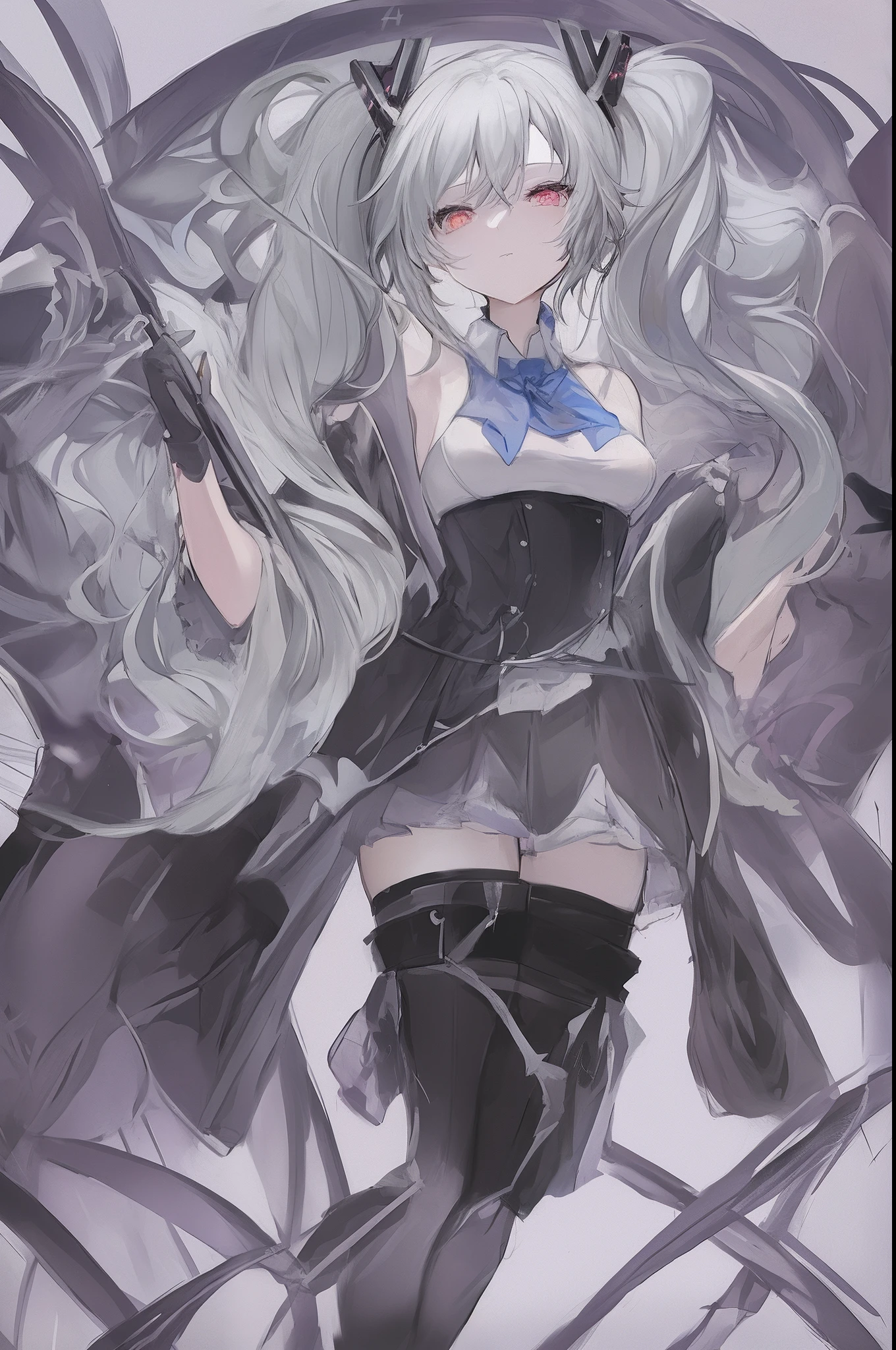 Let's start with a base illustration of a young female character.
Adjust the hair color to Hatsune Miku's iconic turquoise blue.
Style the hair to be very long, reaching below the waist, in twin tails. Ensure the twin tails are evenly balanced and neatly wrapped at the top.
Give the hair a glossy appearance and a slightly voluminous texture.
Create a youthful and cute facial expression with large, expressive eyes. The eye color should be a bright shade of blue.
Give her a characteristic slim and petite body frame.
Remove the distinctive outfit consisting of a sleeveless top, tie, and pleated skirt. Include shades of teal and black in the color scheme.
Include signature accessories such as a futuristic headset, microphone, and detachable sleeves.
Optionally, add knee-high boots or thigh-high socks in matching color tones.
Provide a background that complements the aesthetic, such as a futuristic cityscape or a concert stage with colorful lights.
Please note that due to the complexity of the instructions, it may be challenging for an AI to accurately generate an image based on the exact specifications provided.
Please draw it in a sketch-like style, resembling an idea sketch.
A drawing that looks like it was done with a pencil. A picture drawn in a messy manner. A drawing done with hesitation.