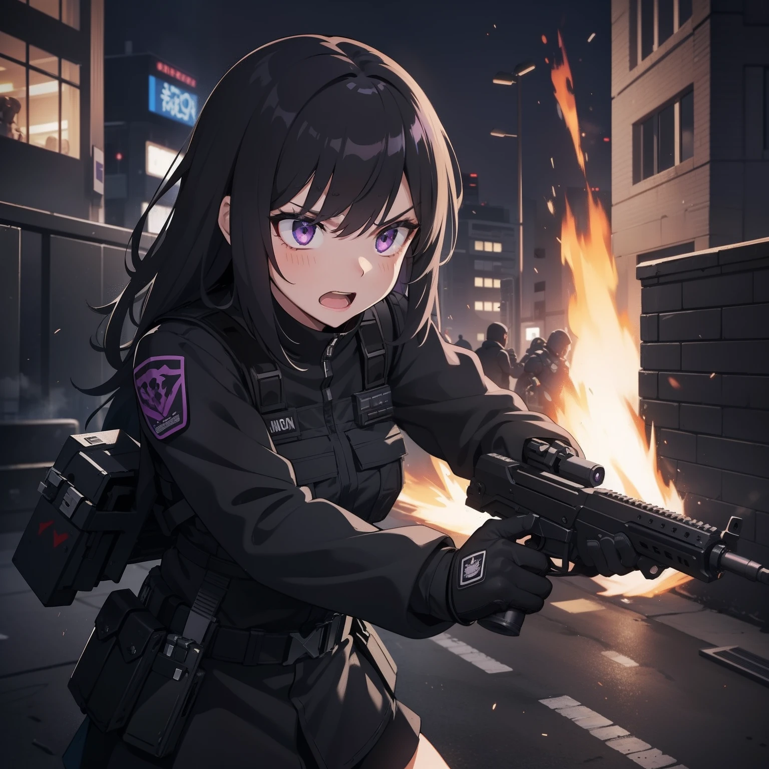 1girl, tactical black helmet, purple headset, purple eyes, grunting, black long messy hair, black camo uniform, black shoulder pads, black tactical vest, black armor pads, black handgun holster, black tactical socks, holding a handgun, bullets, stance, holding tactical radio, black skirt, angry, stressed, situation, falling, holding gun, armed, barricade, shooting, bullet rain, fire, explosion, armored van, tactical armored teammates, open mouth, shout, heavy armored team