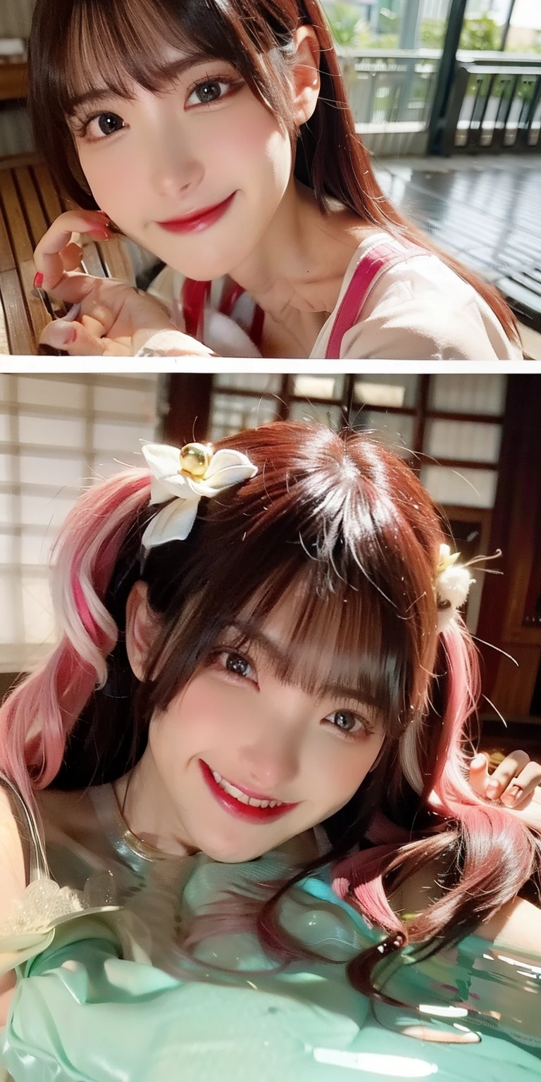 (8K, 4K, Best quality, A high resolution:1.2), (marsterpiece, Realistic, photograph realistic:1.37), 1girll, Solo, Beautiful face, eyeslashes, nase, Glossy lips, (Detailed eyes, view the viewer, Fair skin, White skin:1.5), fine complexion, Upper body,
Large breasts, Busty, , (:1.5),
Outdoor onsen,
two sides up, Absurdly long hair, Blonde hair, Pink hair, bangs, hair adornments, bow,
Younger, aged down,
