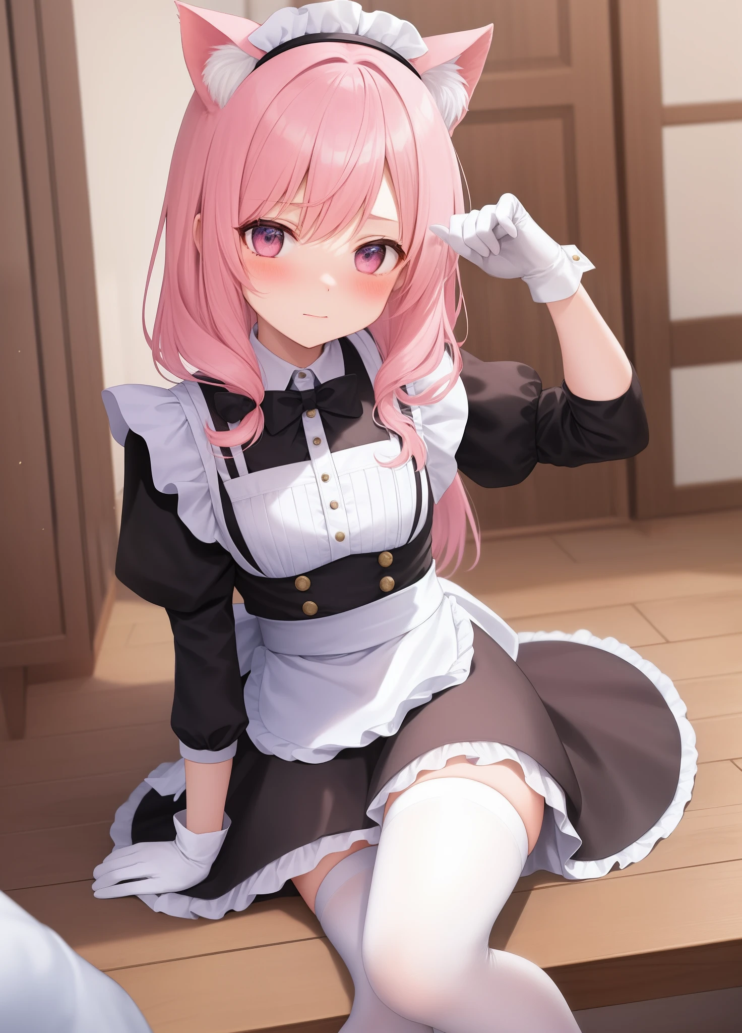 muste piece、masterpiece、highest quality、Super detailed、High resolution、8K portrait、High definition CG of Unity 8k wallpaper、cute type little:1.5、Lori:1.5、Highly detailed CG unity 8k wallpaper、Realistic、real person、 portrait photography、shiny skin、High definition、(:1.2)、(1 girl)、beautiful clear eyes、extremely detailed description、delicate face、nice lips、slender body、(thin waist)、thin legs、(Hallway of the mansion:1.6)、1 girl, cute type, perfect face, seriously, (blush:1.5),(Pink hair twin tails:1.3),(flat chest:1.3),((mini skirt maid clothes:1.3)),(half nude:1.2),(black dress),(I have nipples:1.2),(looking at viewer),(angle from the front),gran,((climax in vagina:1.5)),((spread legs:1.2)),(hand on own chin1.2)