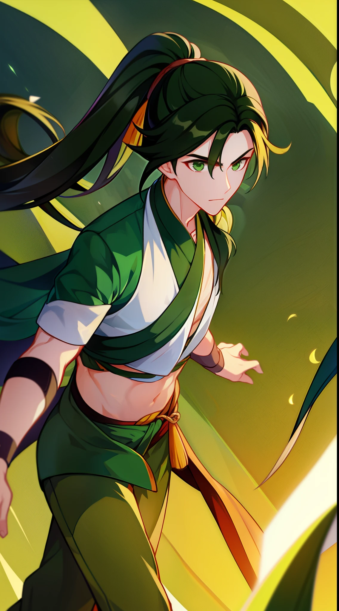 young boy, long dark green hair, high ponytail, Green eyes, Battle with Hanfu, Sleeveless, open belly, pants, Masterpiece, hiquality