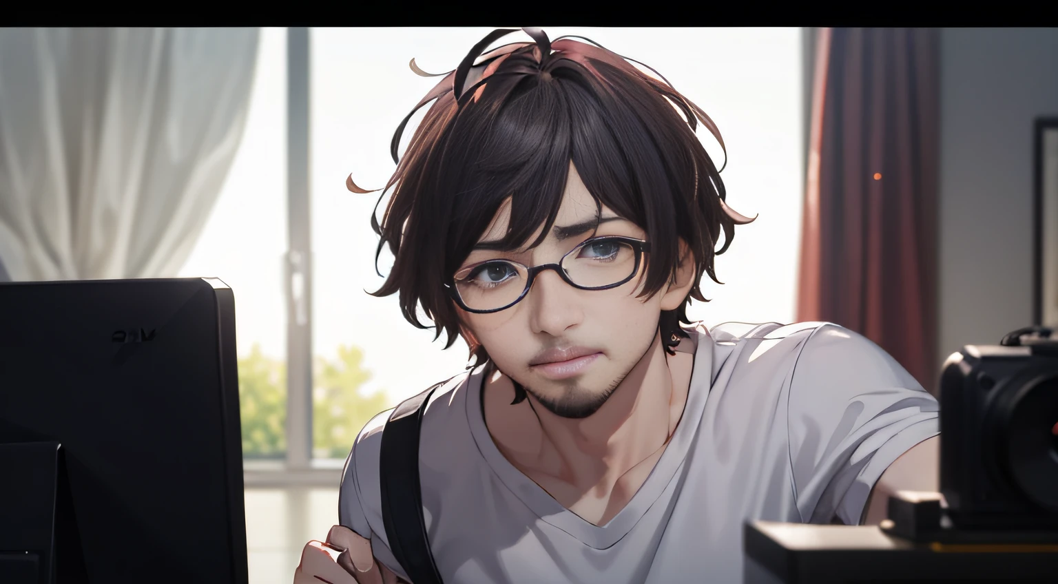 (4K, Best picture quality, A high resolution:1.1), (Masterpiece:1.1),Live TV programming,The lighting is perfect,,A middle-aged man,White shirt,Sit in a chair behind the scenes,Gray hair,A little beard,Wearing glasses,Close-up of facial expression details,Sad,CRIT,streaming tears,