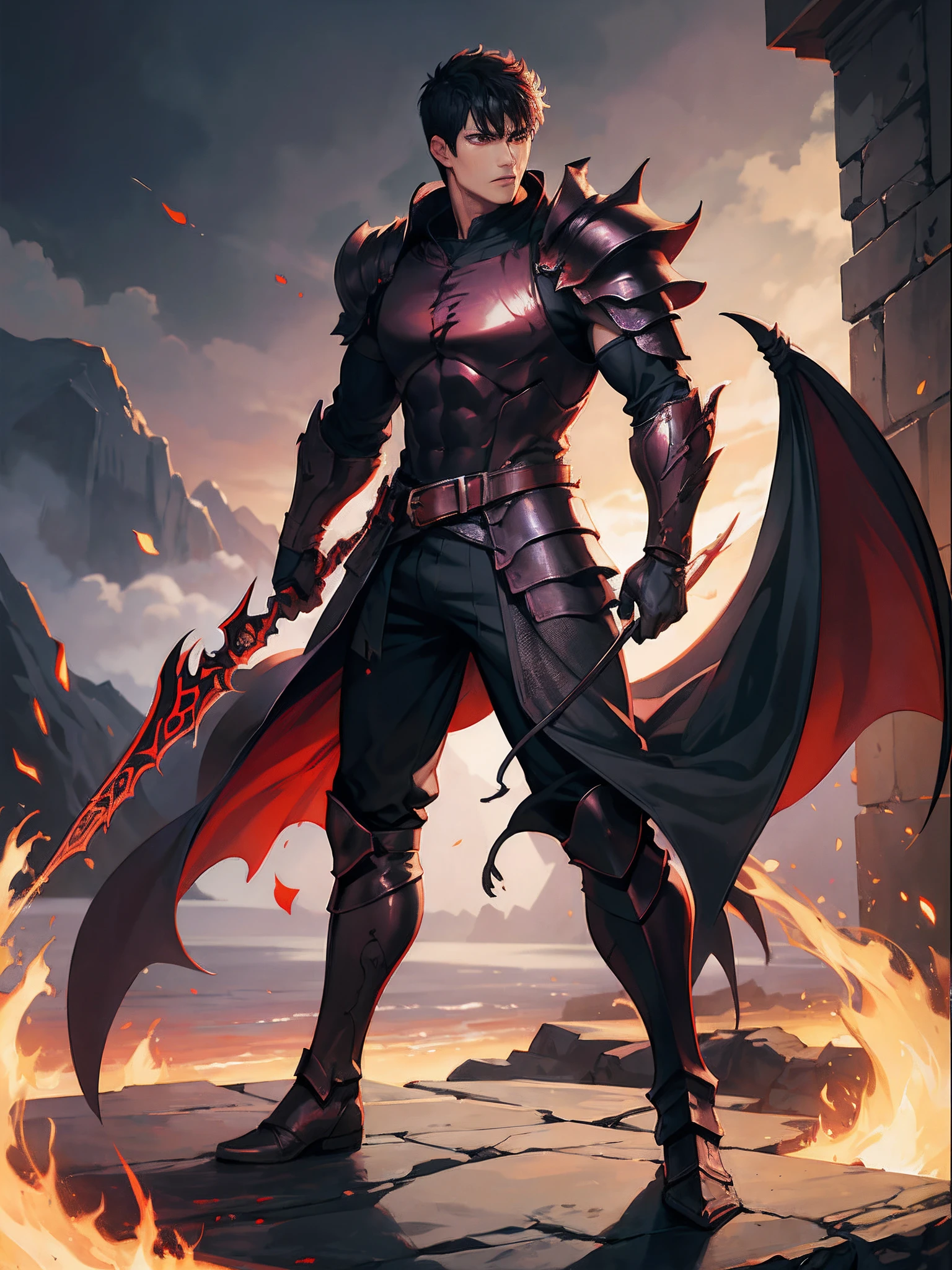 Full body scene of Guts (Berserk) with black hair, look at you, handsome face, cold, fiery eyes, center, full body wearing black armor inspired by demon dragon scales reflecting hell fire and purple lightning.