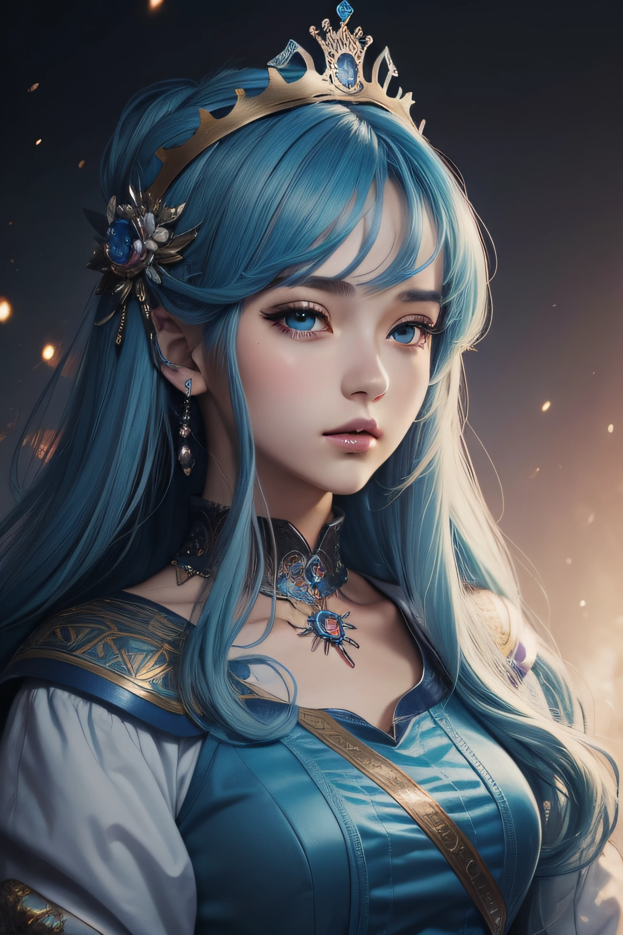 (masterpiece, top quality, best quality, official art, beautiful and aesthetic:1.2), (1girl), extreme detailed,colorful,highest detailed,cute, blue hair,crown,