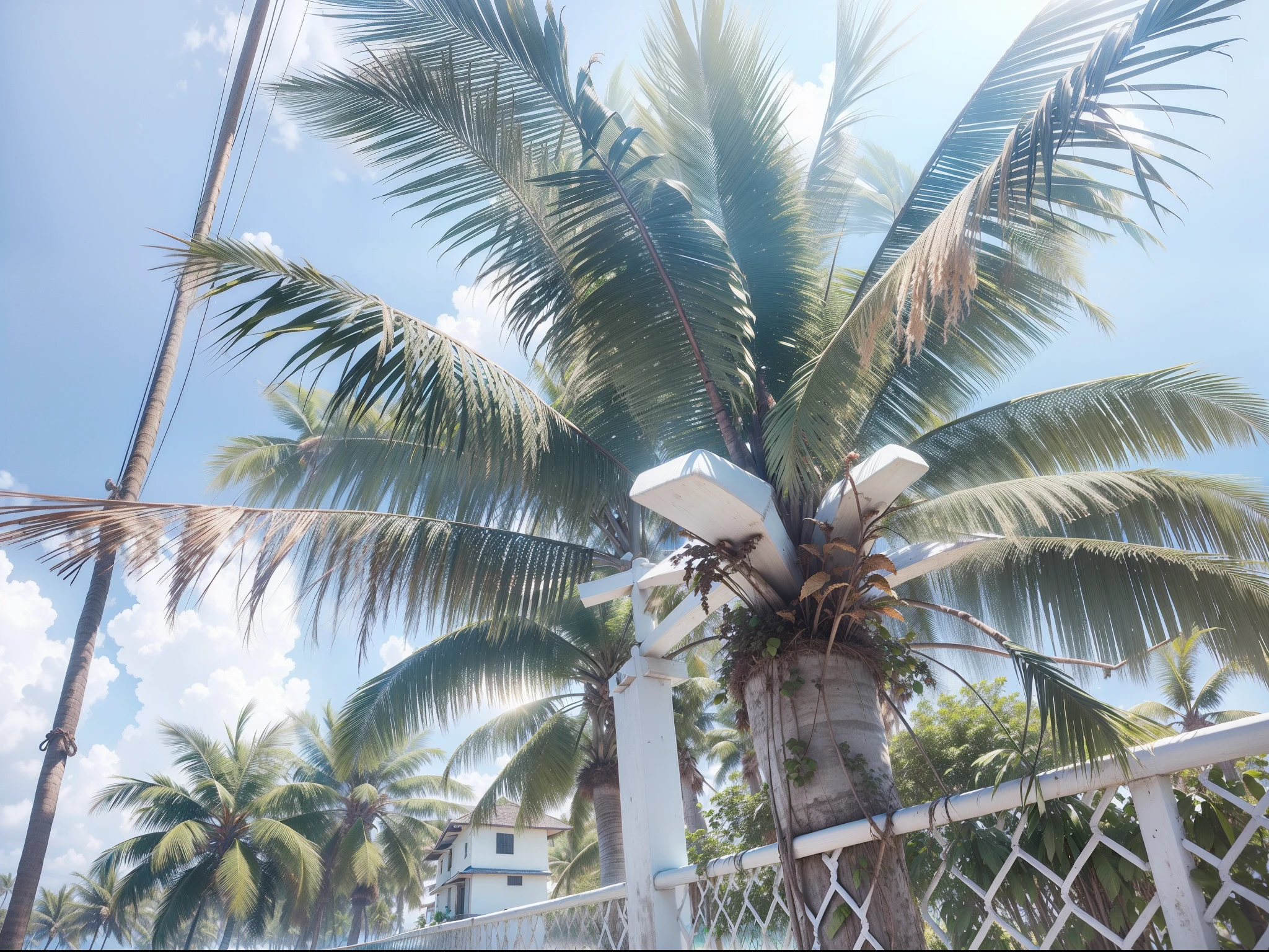 On the beach of a tropical island,Some coconut palms grow on the coastline,The sea is calm,But the beach is empty。8K,ultra-clear。