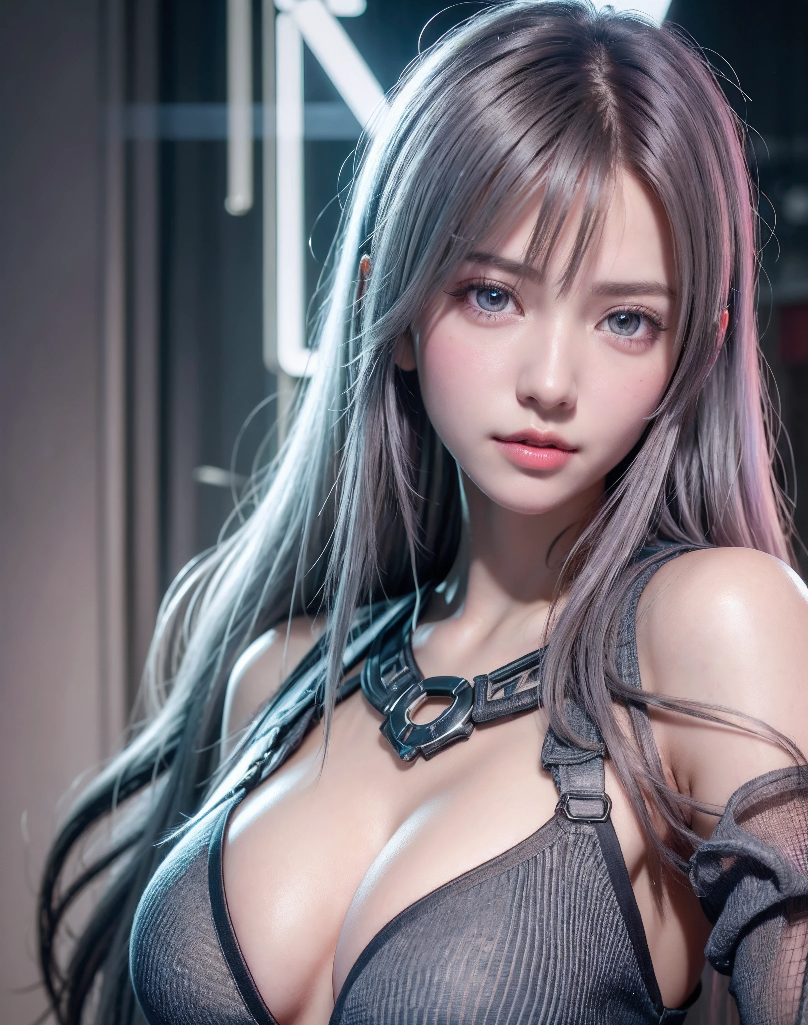 top-quality、8K Masterpiece、超A high resolution、(Photorealsitic:1.3)、Raw photo、女の子1人、silver white hair、glowy skin、1 Cyberpunk Super Beautiful Soldier、((super realistic details))、portlate、globalillumination、Shadow、octan render、8K、ultrasharp、beauty breast、Raw skin is exposed in cleavage、metals、cold color、、highly intricate detail、Realistic light、CGSoation Trends、Beautiful eyes、radiant eyes、Facing the camera、neon details、