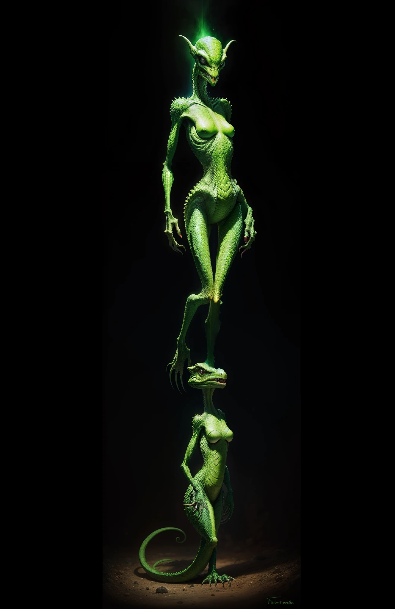 reptilian alien, female, verde, de cauda longa, fotorealismo