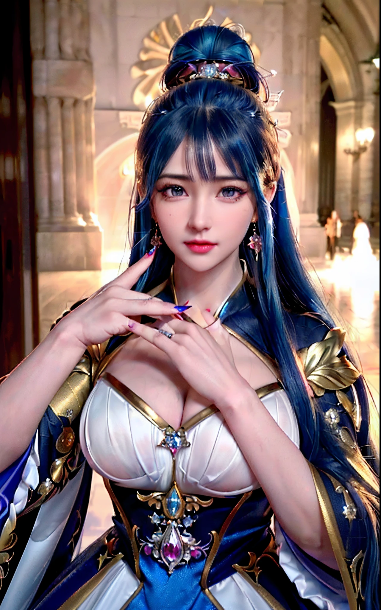 ((realisticity: 1.2)), ((realistic: 8K UHD)), ((best resolution: 8K UHD)), hyper detailed, best quality,masterpiece,highres,cg, ((1 girl hyper detailed and hyper realistic) ) , ((beautiful queen, hyper realistic and hyper detailed)),((white skin, beautiful, smooth, youthful, hyper realistic and hyper detailed )), ((Face hyper beautiful, white, hyper realistic and hyper detailed ) ), long hair, ((hyper realistic and hyper detailed dress)), solo, ((hyper realistic, hyper beautiful, beautiful and hyper detailed jewelry)), ((hyper beautiful deep red and golden yellow dress, hyper realistic and hyper detailed )) , ((Her pretty, hyper realistic, hyper detailed diamond filled earrings)), ((Her gorgeous diamond haircut, hyper realistic and hyper detailed)), ((hyper pretty upper body, hyper beautiful, hyper realistic and hyper detailed) ), ((medium breast: 1.1)), ((hyper realistic, hyper pretty, hyper detailed boobs)), ((the backgroun of the royal palace is hyper majestic, hyper realistic and hyper detailed)),((hands and palms hyper beautiful, hyper detailed, hyper realistic)), ((hyper detailed and hyper realistic fingers and fingernails)), ((hyper pretty fingernails, hyper vivid, hyper detailed, hyper realistic)), ((thumb, index finger, middle finger, ring finger, little finger hyper vivid, hyper pretty, hyper detailed, hyper realistic)), ((hyper beautiful fingers, hyper detailed, and hyper realistic)), ((posture not too fat and not too thin, hyper realistic, hyper detail)), ((hyper pretty, hyper pretty, hyper realistic and hyper detailed hair bun)), ((hyper pretty , hyper realistic and hyper detailed blue hair)), candid, Photo, high resolution, 8k , bokeh,