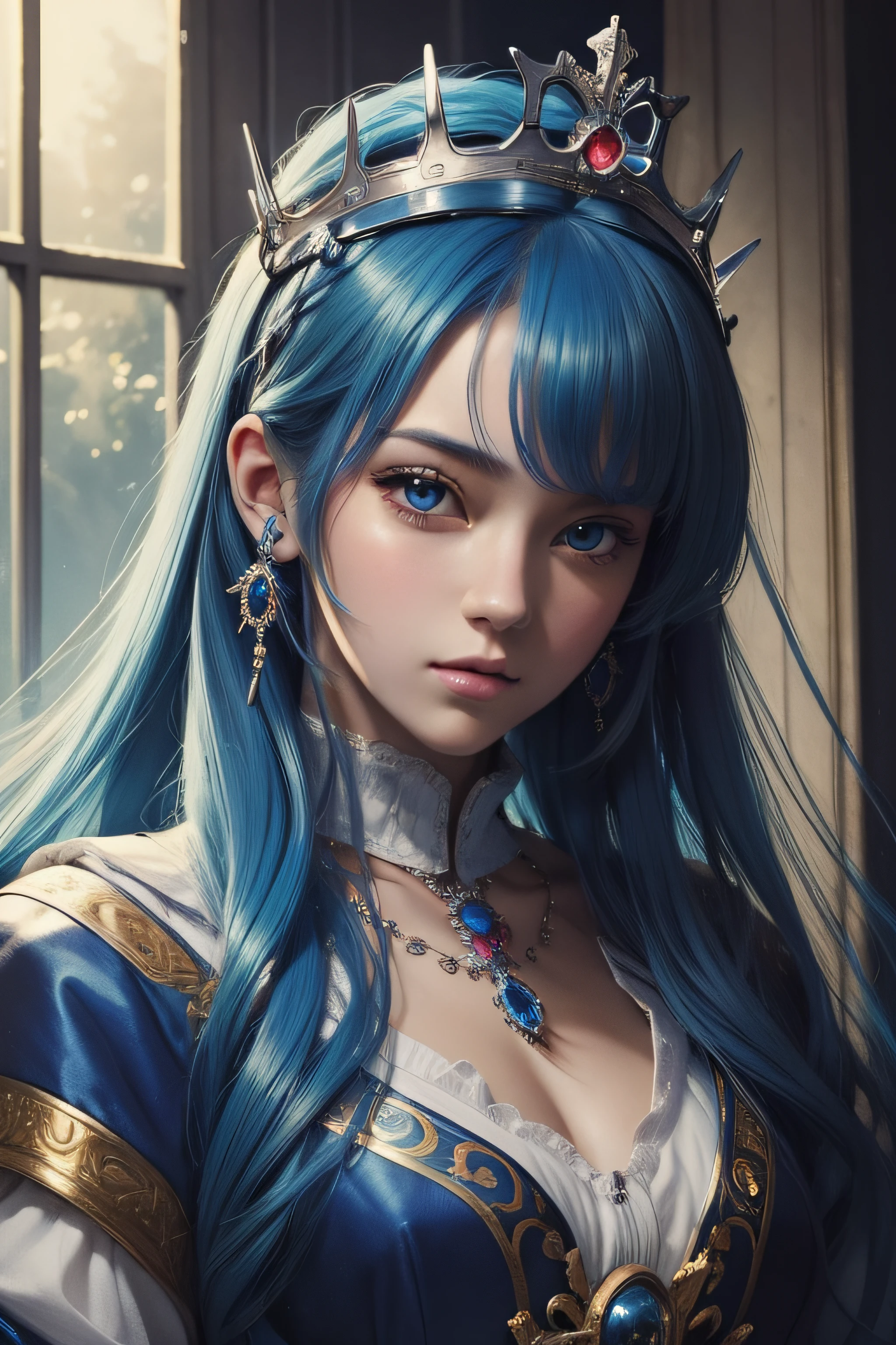 (masterpiece, top quality, best quality, official art, beautiful and aesthetic:1.2), (1girl), extreme detailed,colorful,highest detailed,cute, blue hair,crown,